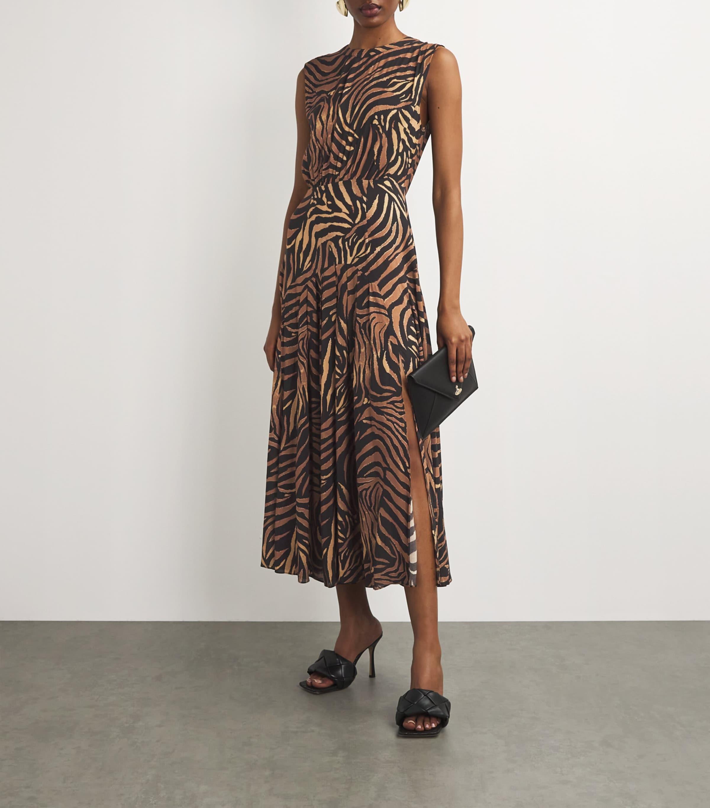 RIXO London Tiger Print Coralie Midi Dress in Brown