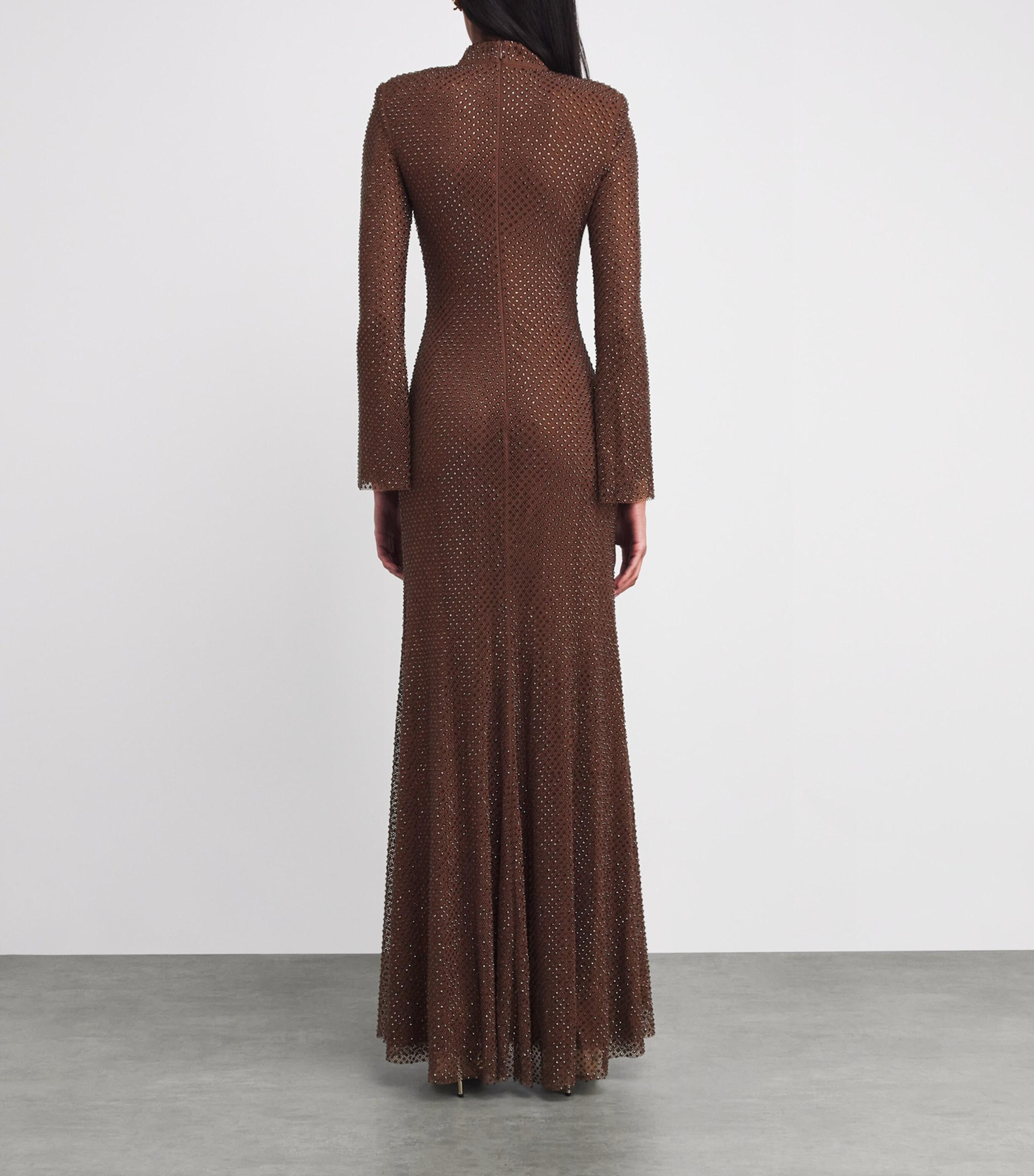 self portrait brown rhinestone dress Brown Rhinestone Gathered Maxi Dress