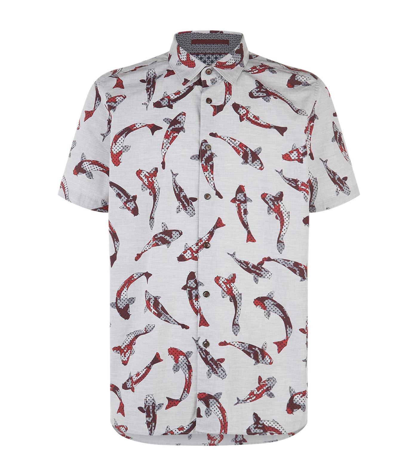 Ted Baker Cotton Fish Print Shirt in Grey (Gray) for Men - Lyst