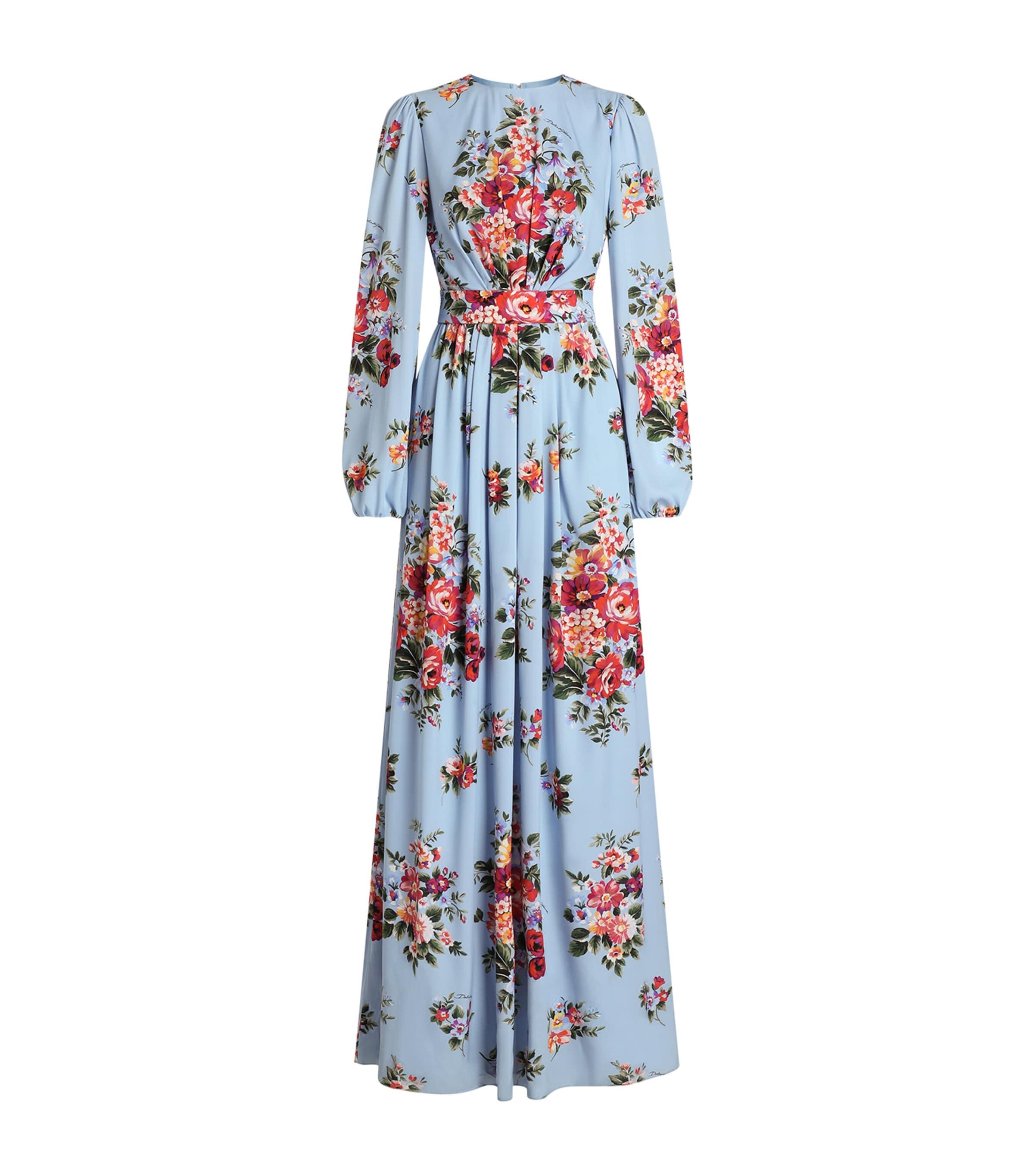knee length dresses for ladies Dolce & Gabbana Blue Floral Print Tiered Long Maxi Dress