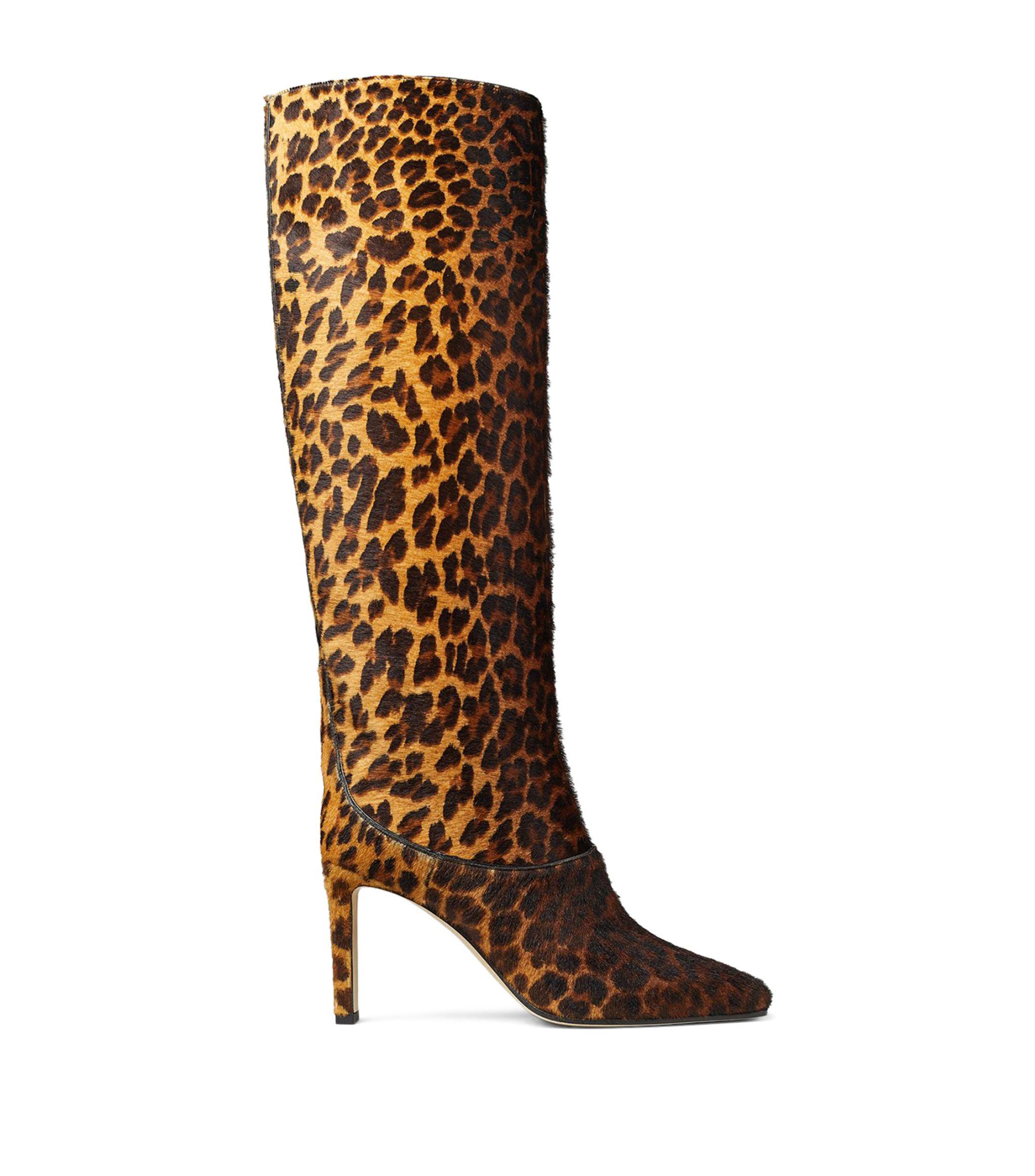 Jimmy Choo Leather Mahesa 85 Leopard Print Knee High Boots In Brown Lyst