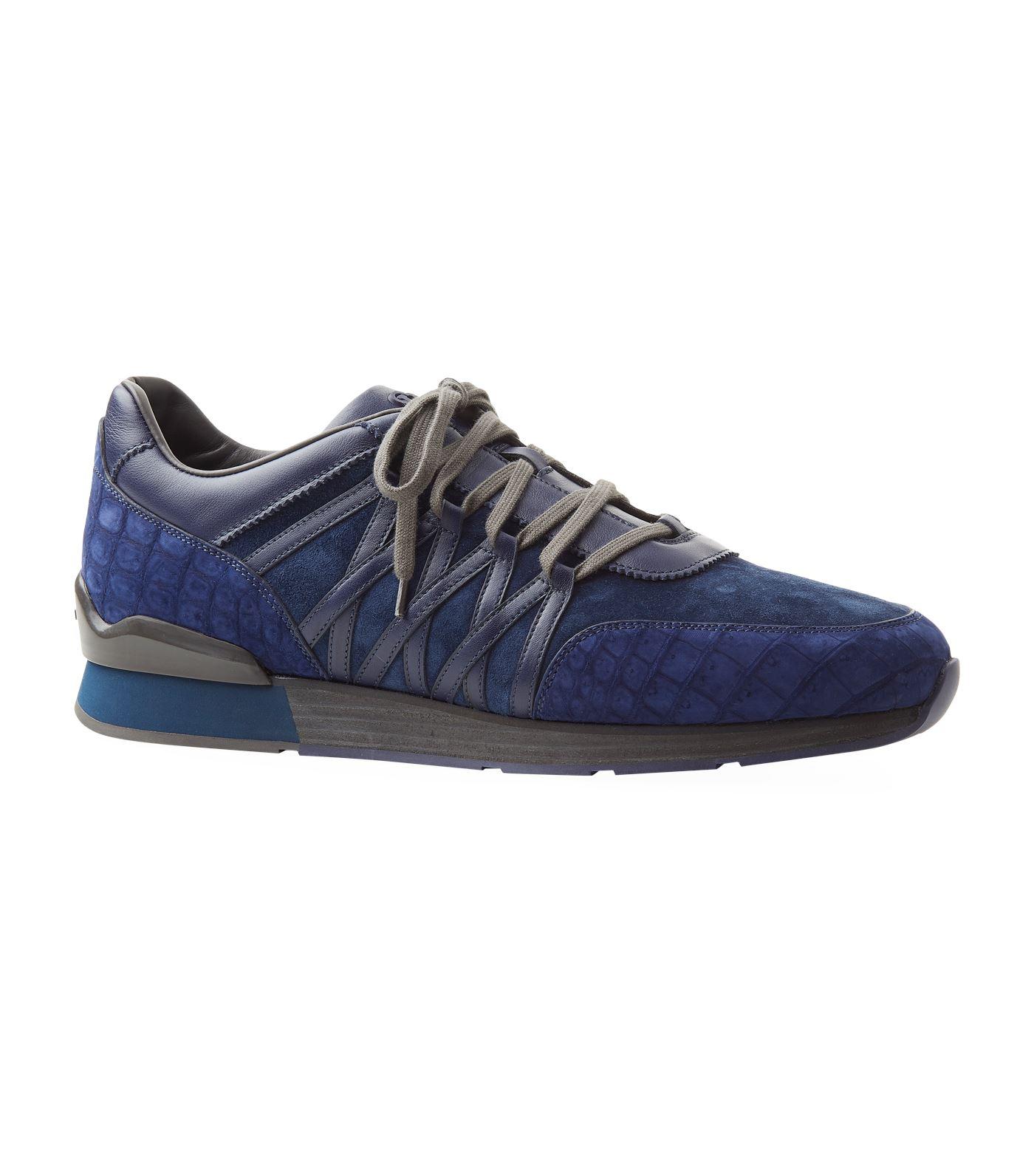 Stefano Ricci Olympia Suede And Crocodile Trim Sneakers in Navy (Blue ...