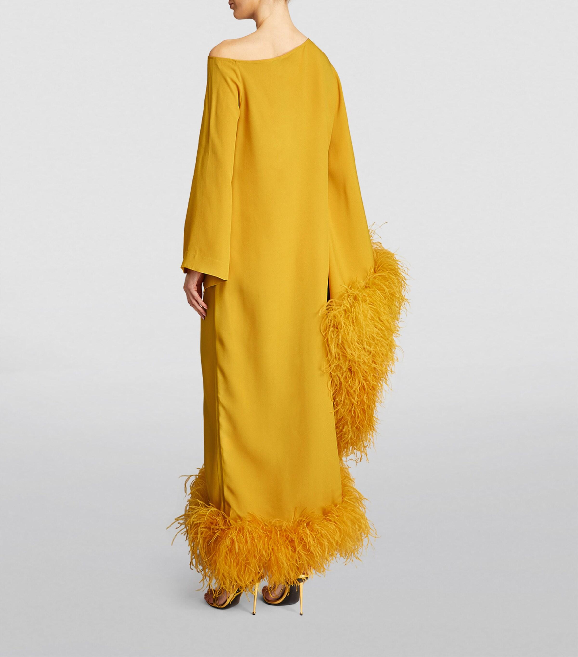 yellow feather dress Center of Attention long kimono sleeve Butter Midi Dress with Degradé