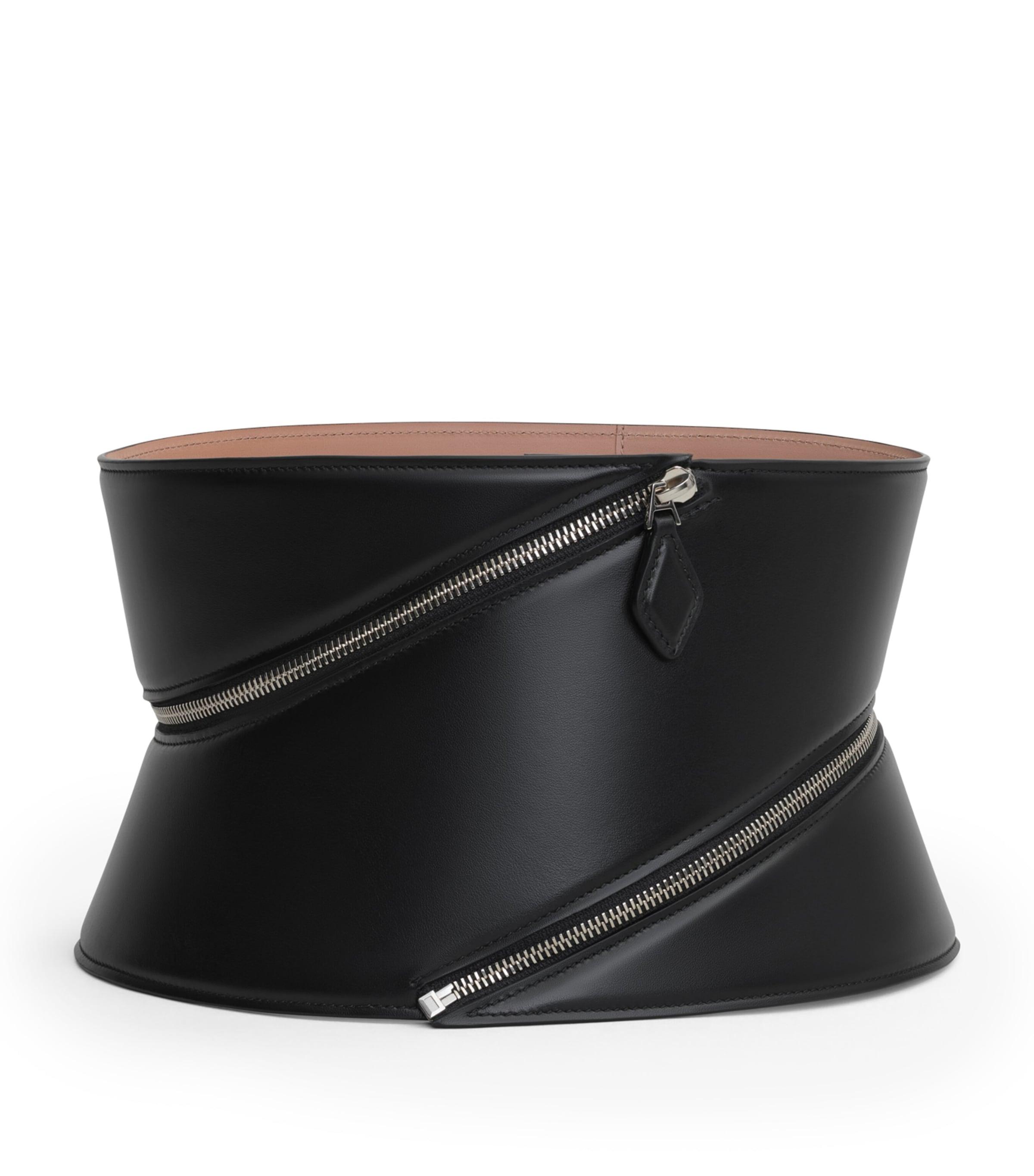 BCBG WAIST BELT BLACK VEGAN LEATHER ZIPPER WIDE BCBG Maxazria Double Sided Leather Black Studded Belt Brass  main image 2
