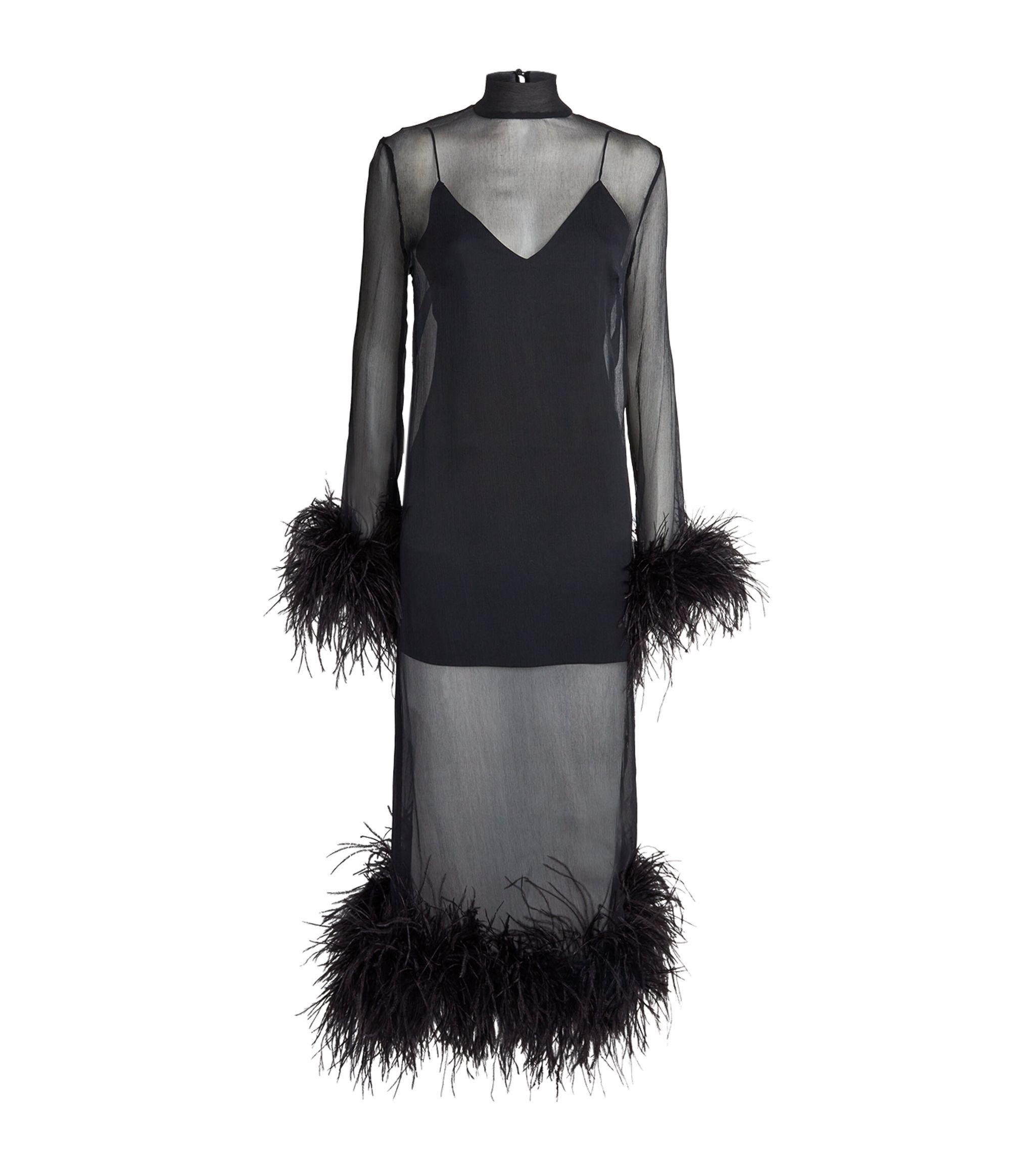 Hervé Léger Ostrich Feather Trim Bandage Dress in Black