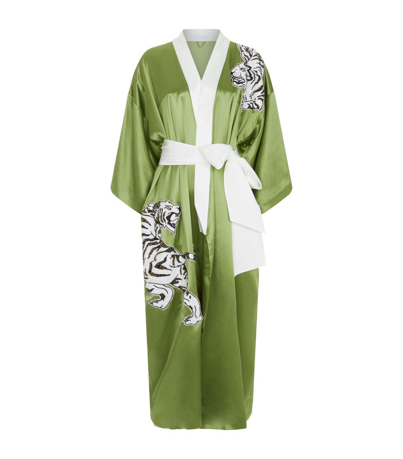 Olivia Von Halle Queenie Fai Silk Kimono Robe in Green | Lyst