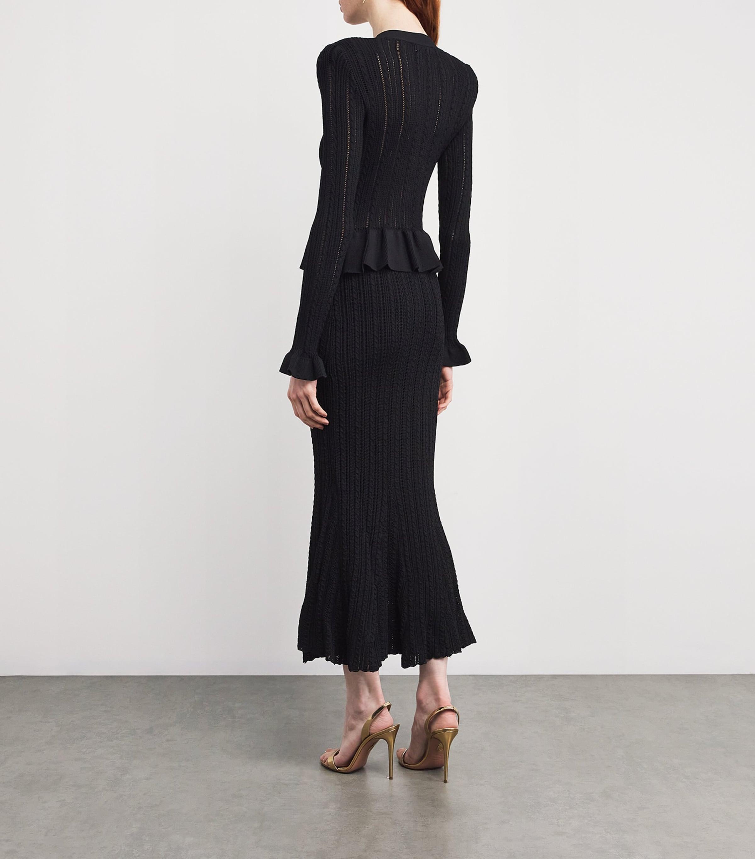 Self-Portrait Knitted Peplum Midi Dress in Black | Lyst UK