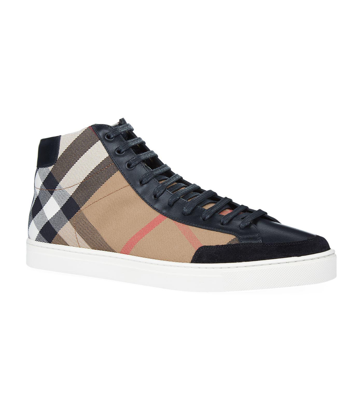 Burberry House Check And Leather High-top Sneakers in Black for Men - Lyst
