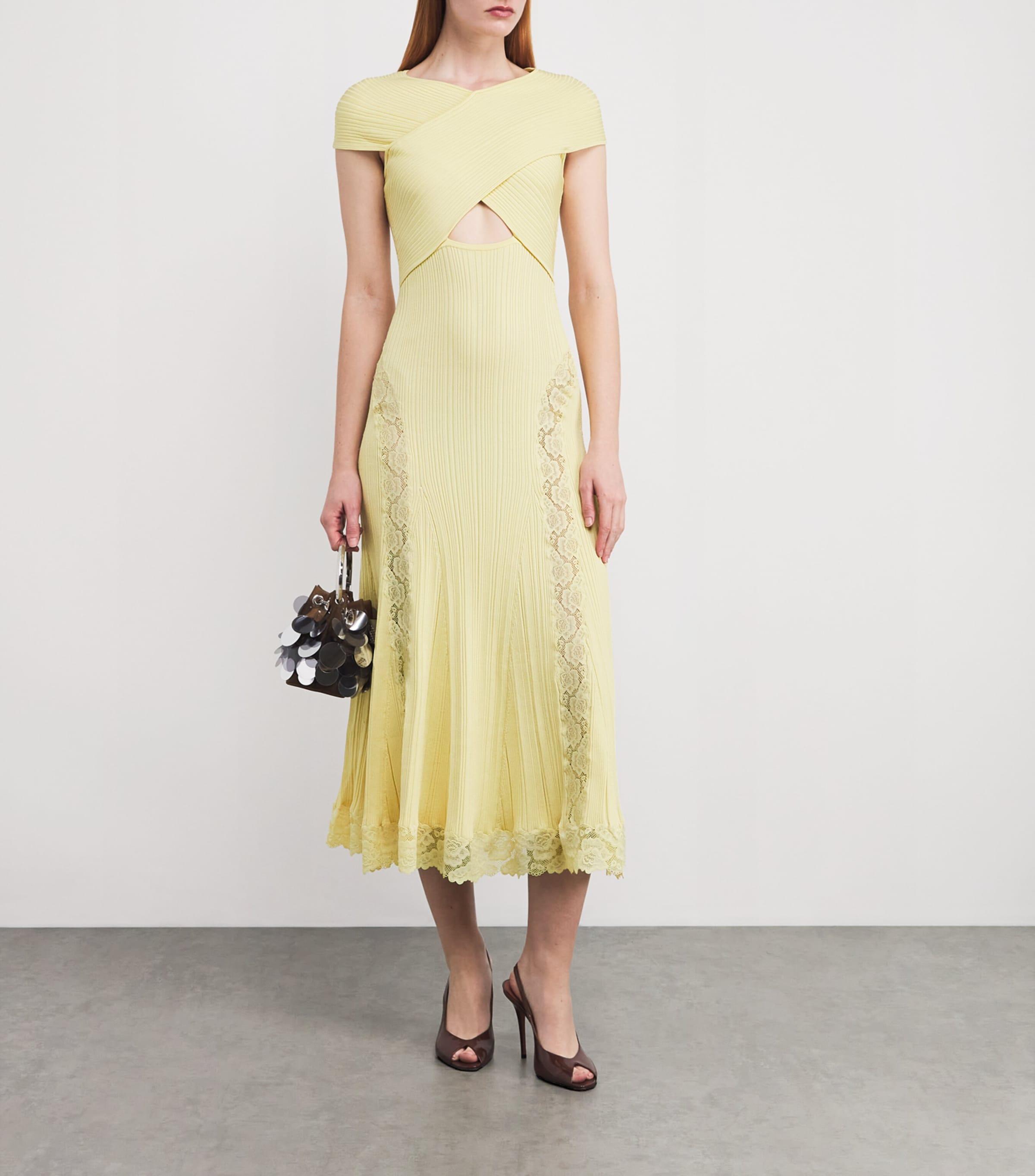 Self-Portrait Lace-Trim Off-The-Shoulder Midi Dress in Yellow | Lyst Self-Portrait Lace-Trim Off-The-Shoulder Midi Dress in Yellow | Lyst