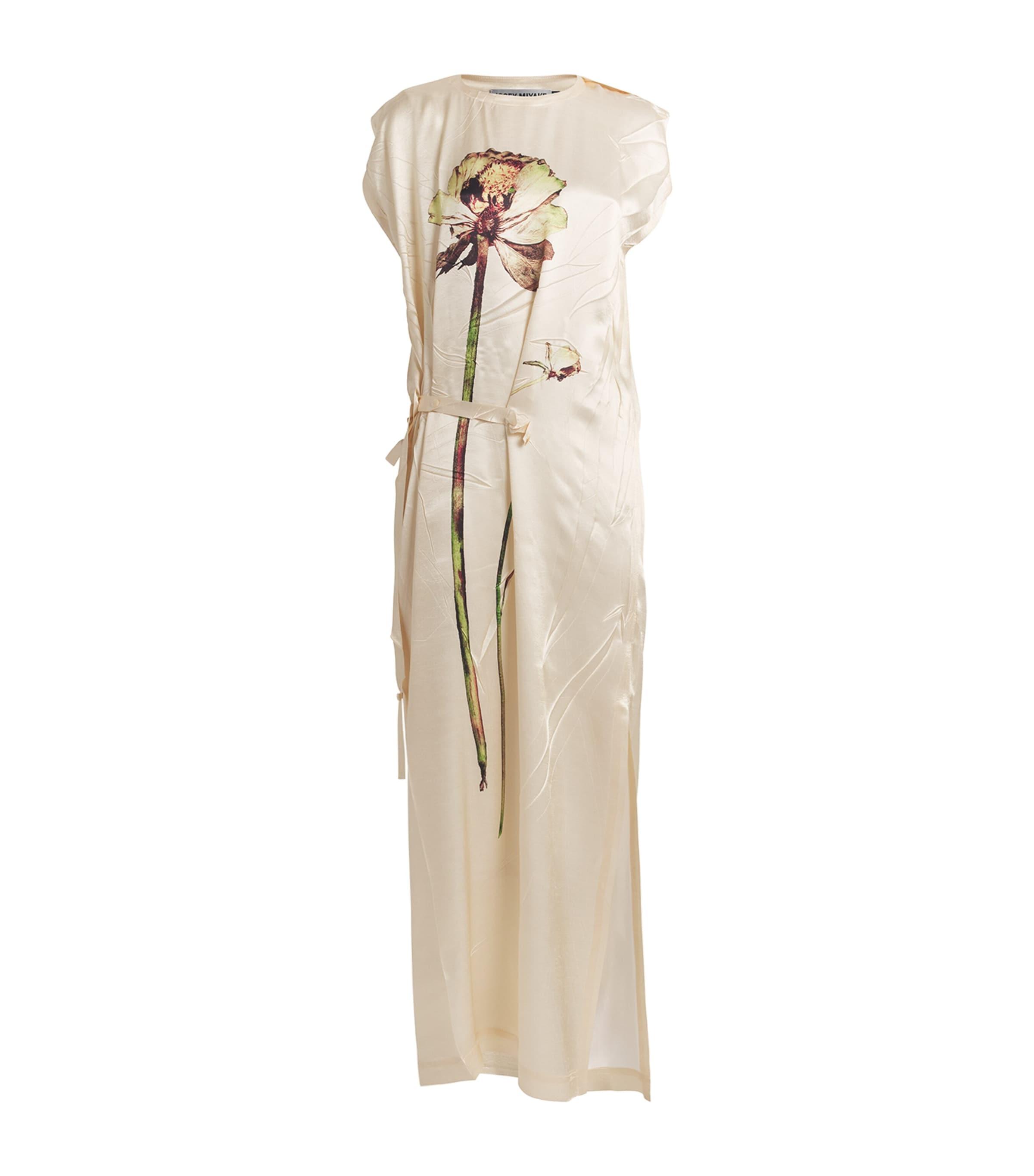Issey Miyake Pressed Flora Ranunculus Column Maxi Dress in Natural