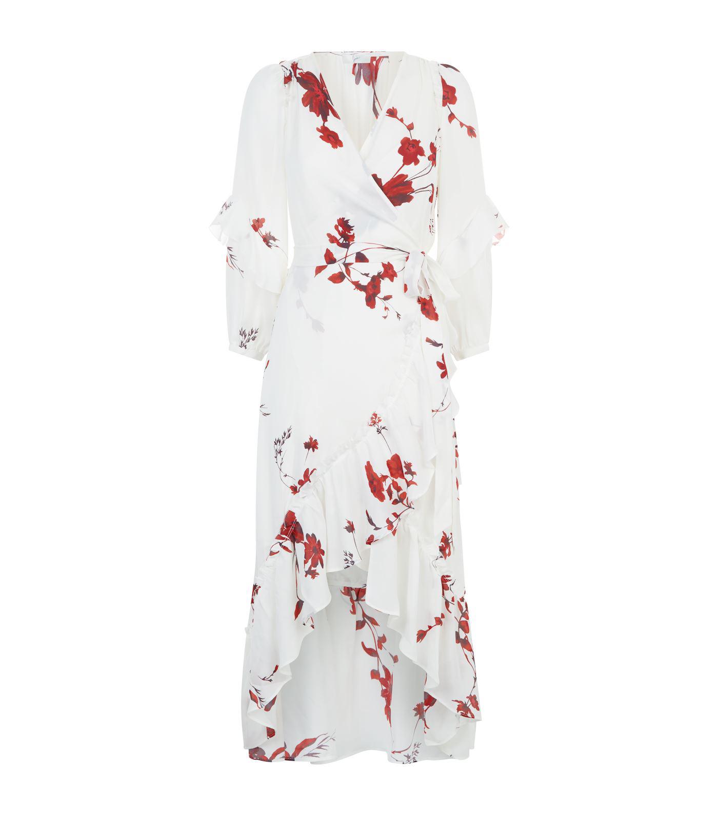 white wrap dress with red flowers