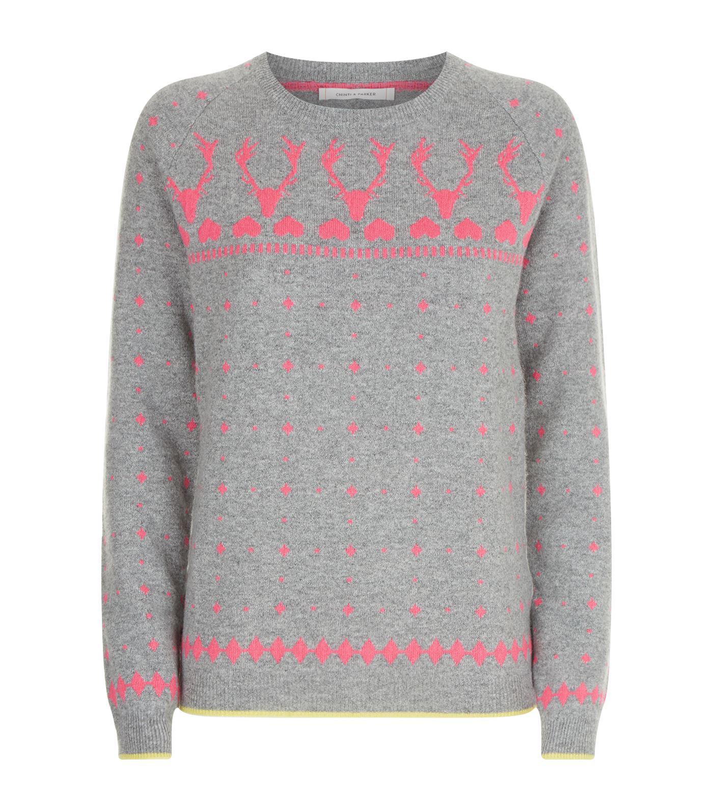 Chinti & Parker Cashmere Reindeer Fair Isle Print Lurex Sweater in Grey ...
