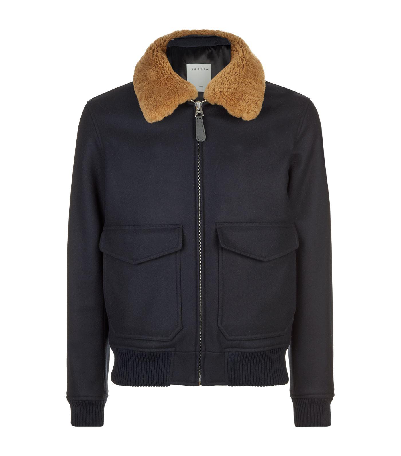 Sandro Shearling Collar Aviator Jacket in Blue for Men | Lyst