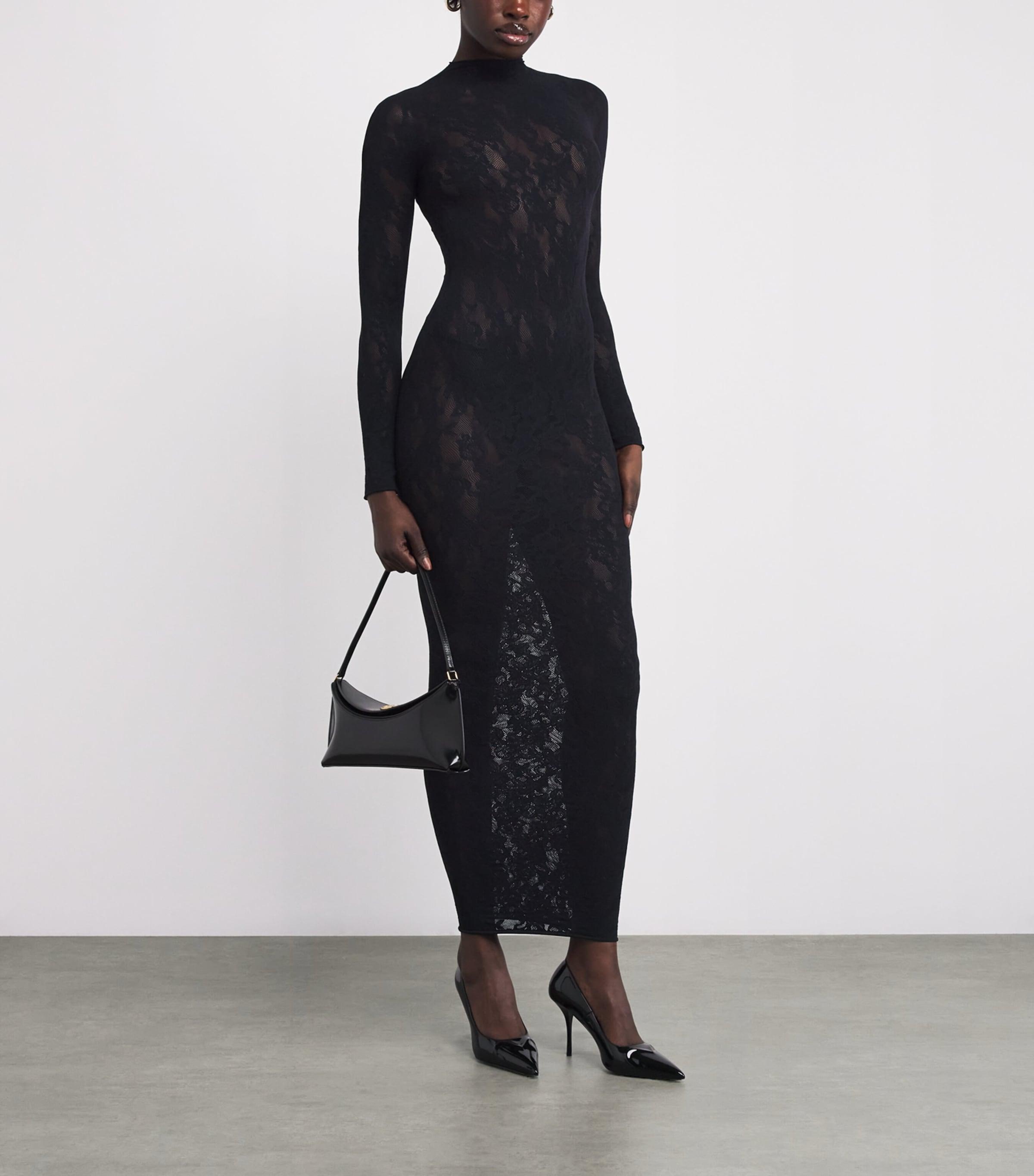 Skims Lace Long-Sleeve Maxi Dress in Black | Lyst