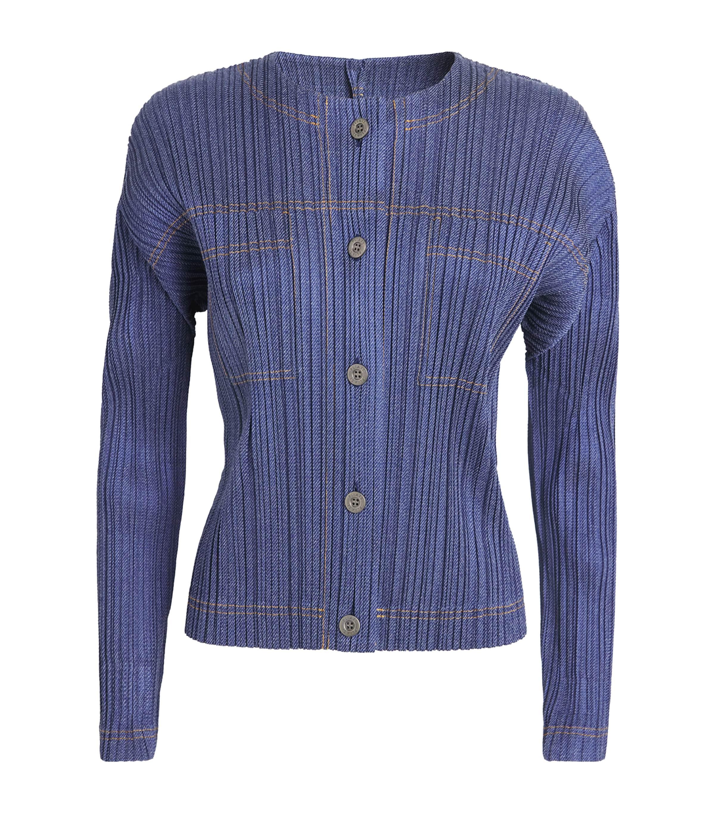 Pleats Please Issey Miyake Pleated Cotton Denim Jacket in Blue