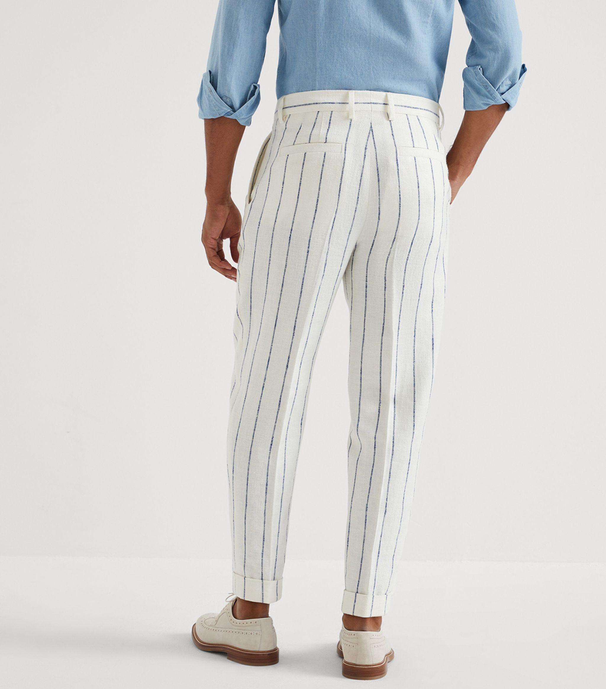 Brunello Cucinelli Linen-wool Chalk-stripe Trousers in White