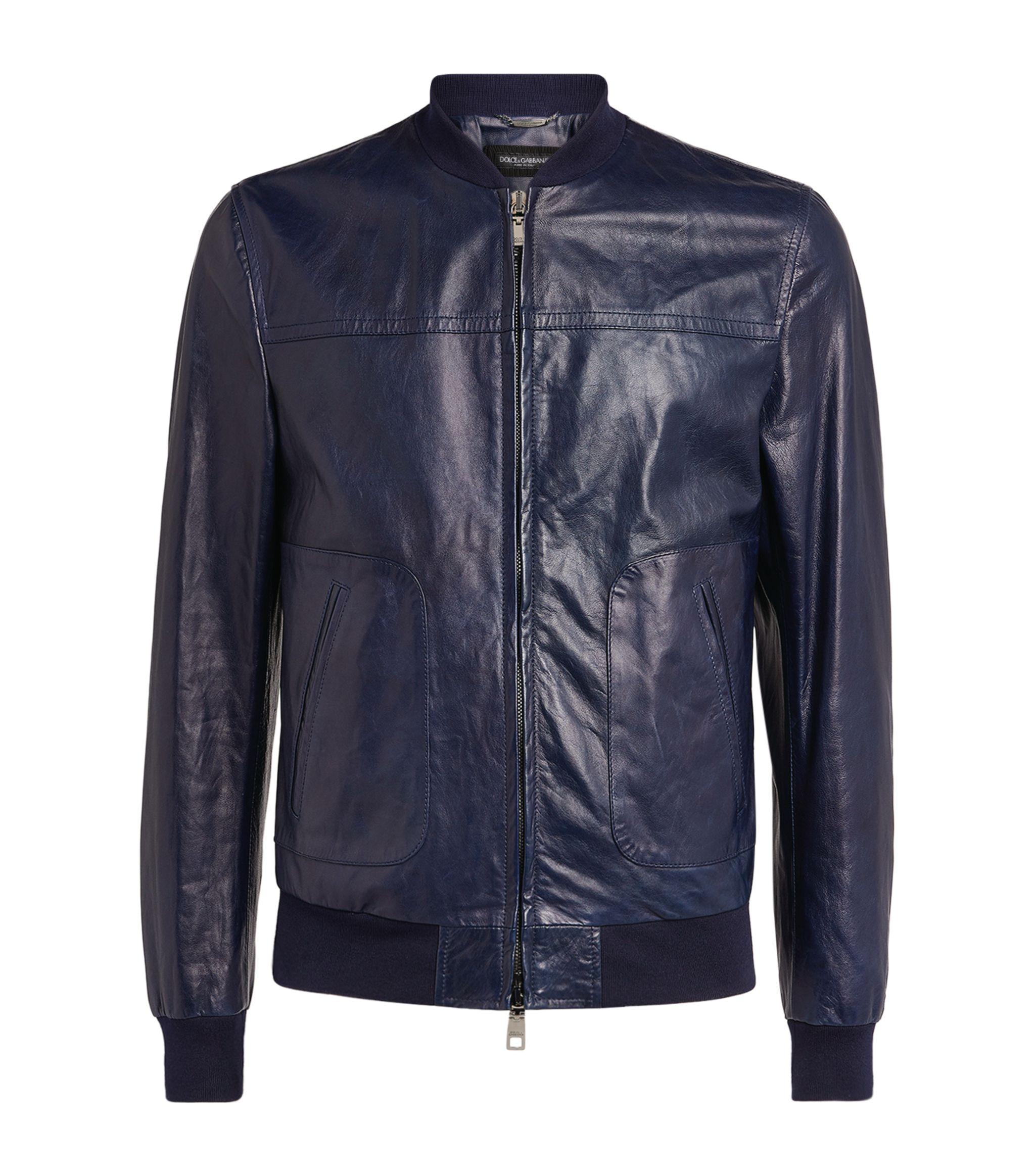 Dolce & Gabbana Leather Bomber Jacket in Blue for Men - Lyst