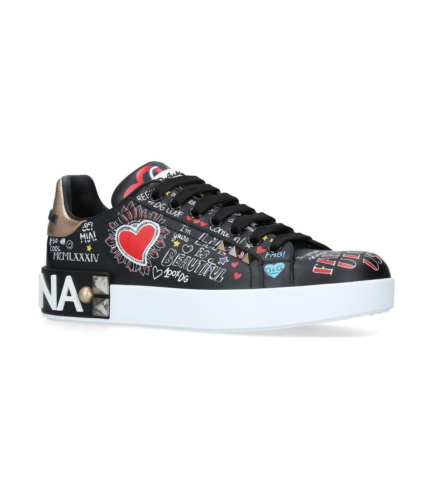 Dolce & Gabbana Leather Portofino Graffiti Sneakers in Black | Lyst