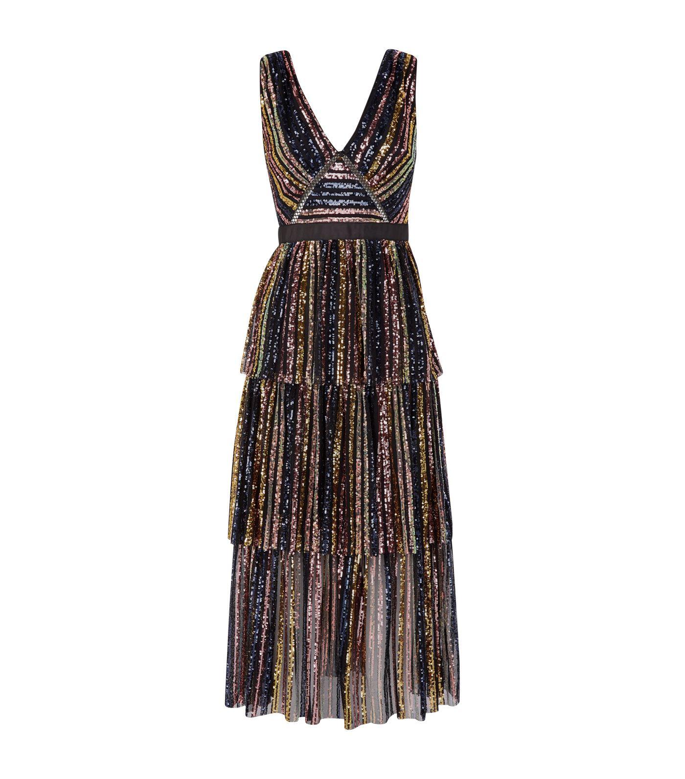 Self-Portrait Tiered Striped Sequin Midi Dress | Lyst