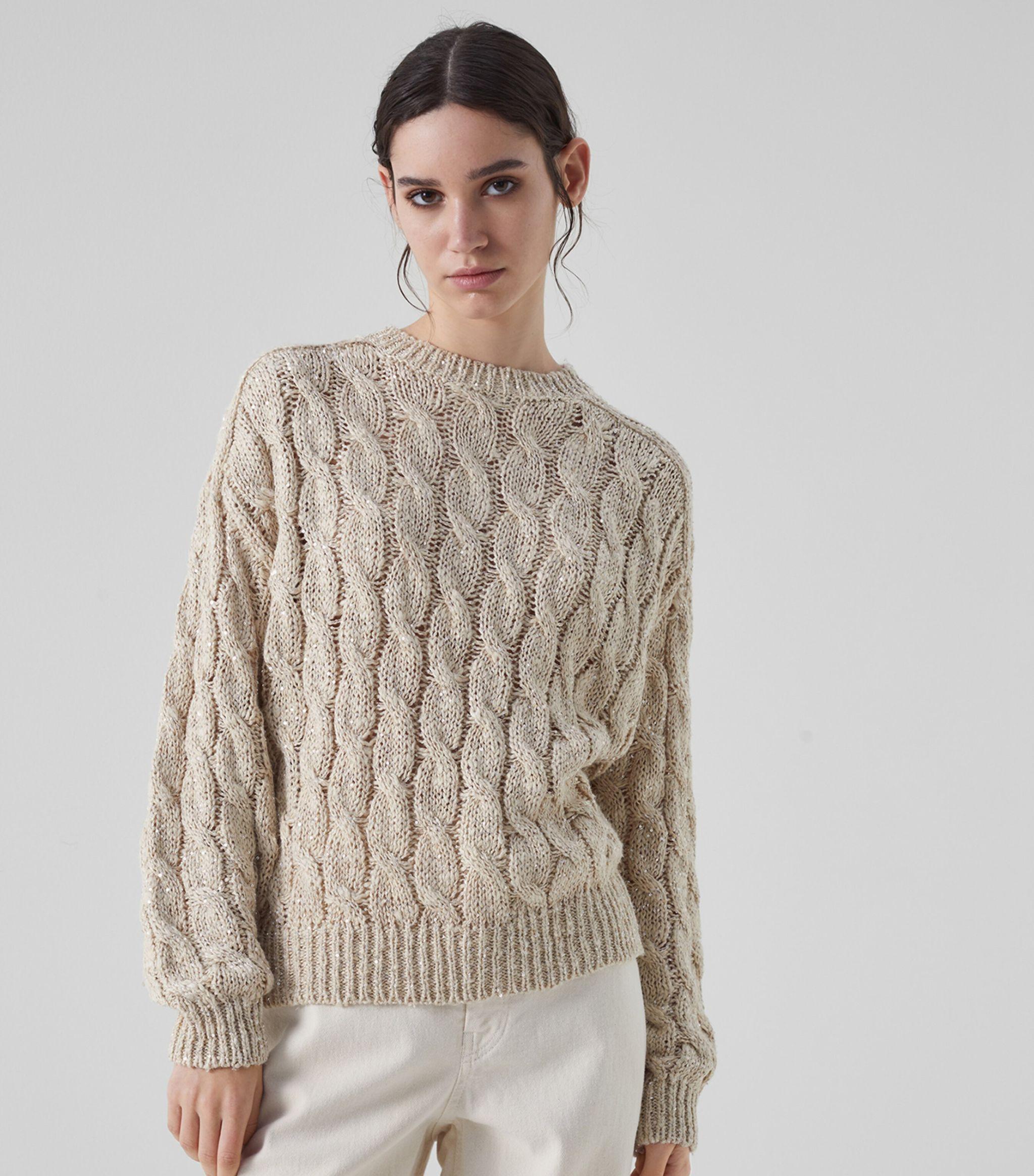 Brunello Cucinelli Silk-blend Cable-knit Sweater in Natural | Lyst