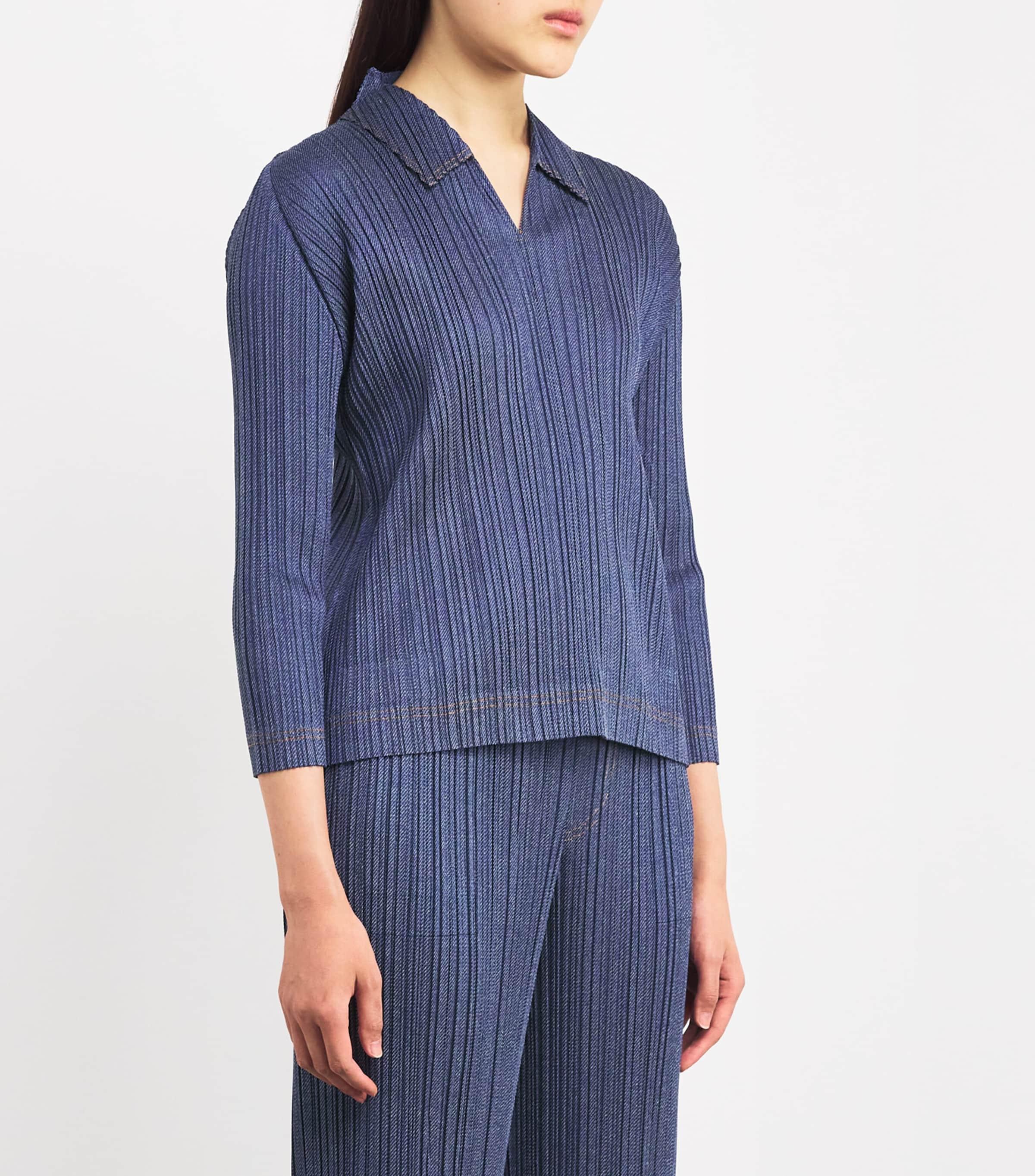 Pleats Please Issey Miyake Pleated Cotton Denim Shirt in Blue