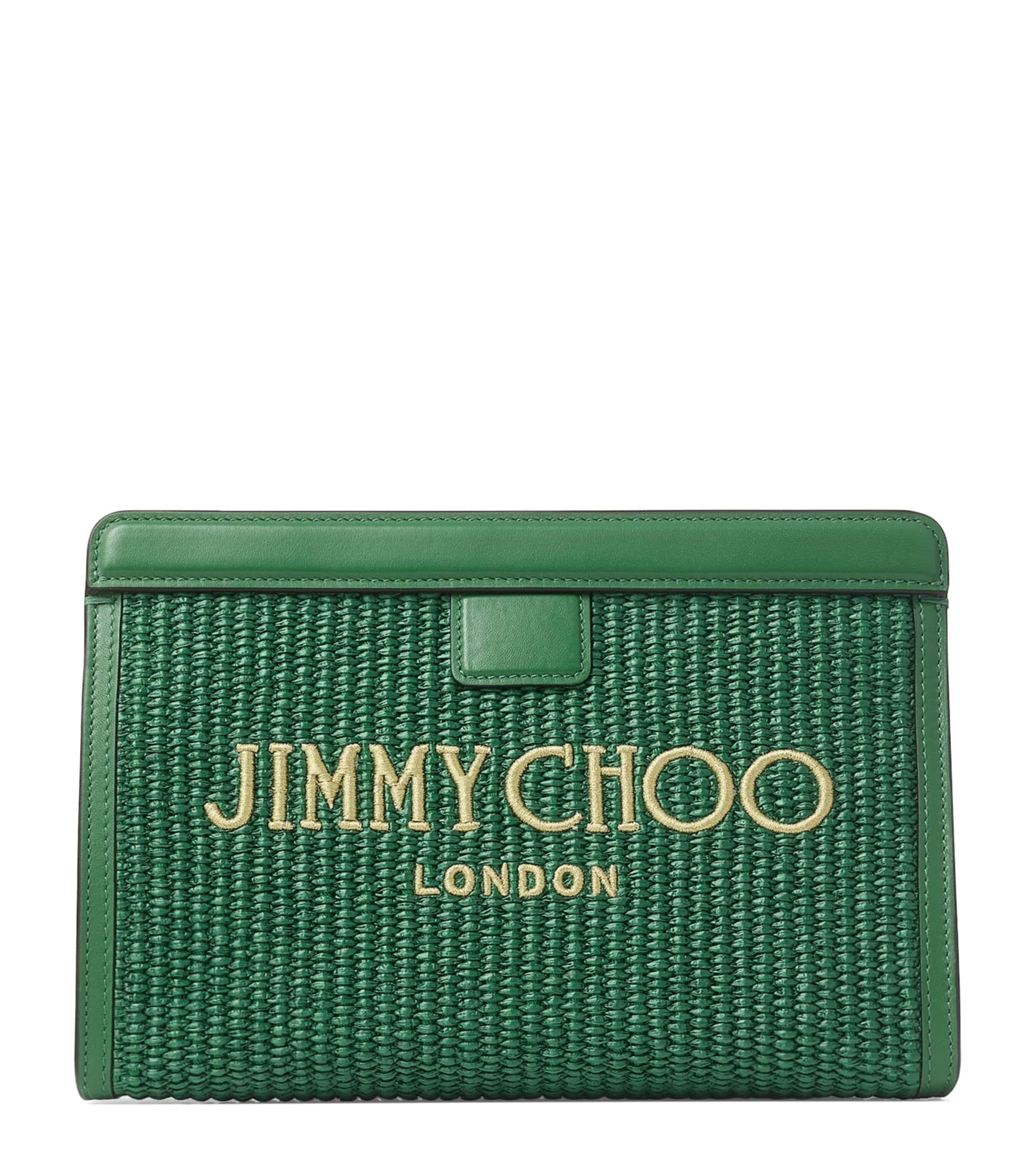 Jimmy Choo Raffia Leather-Trim Avenue Pouch in Green | Lyst