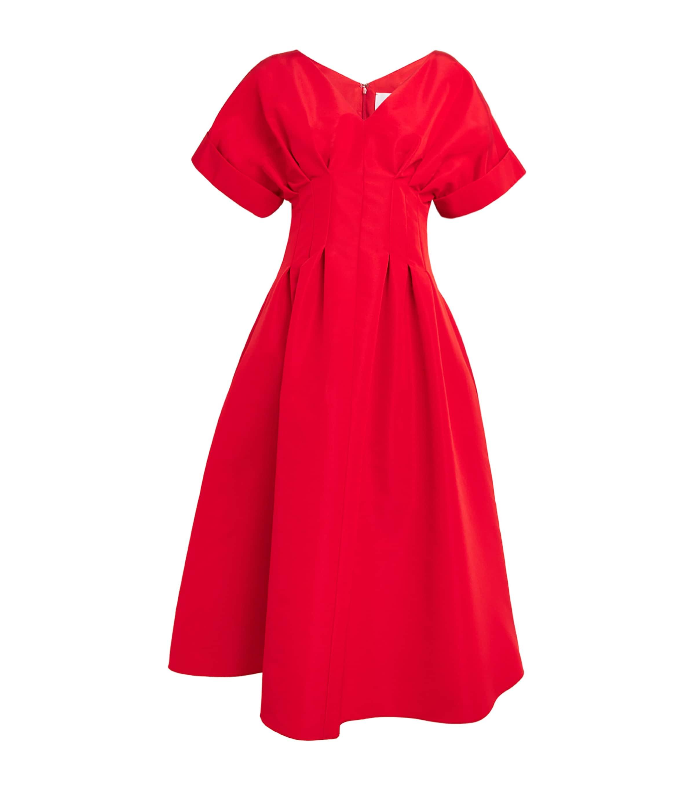 Carolina Herrera Pleated V-Neck Midi Dress in Red | Lyst Carolina Herrera Pleated V-Neck Midi Dress in Red | Lyst