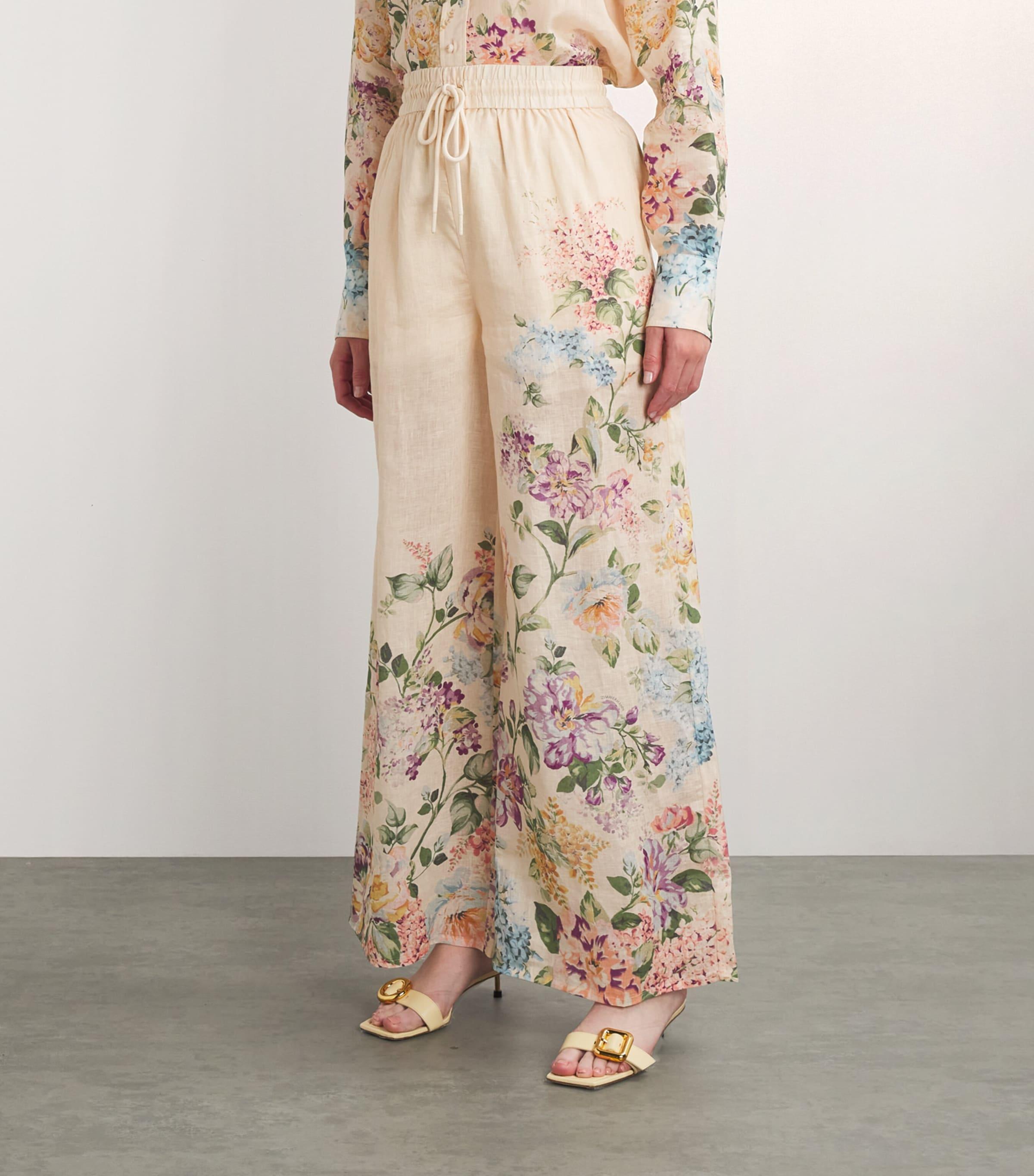 Zimmermann Linen Floral Halliday Relaxed Trousers in Natural