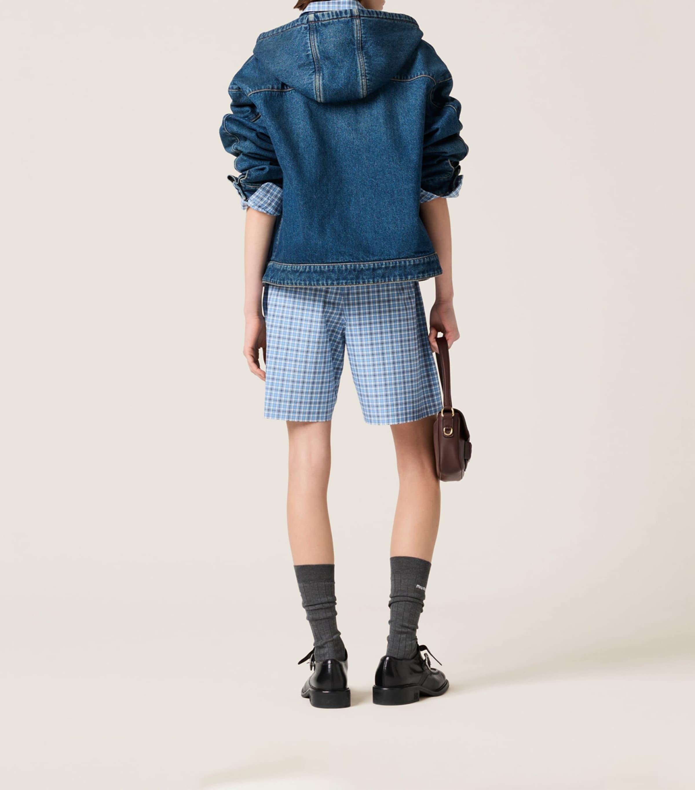 MIU MIU | COTTON & NYLON ZIP UP HOODIE BLUE フーディ Miu Miu Hooded Jersey Jacket - Navy | Editorialist