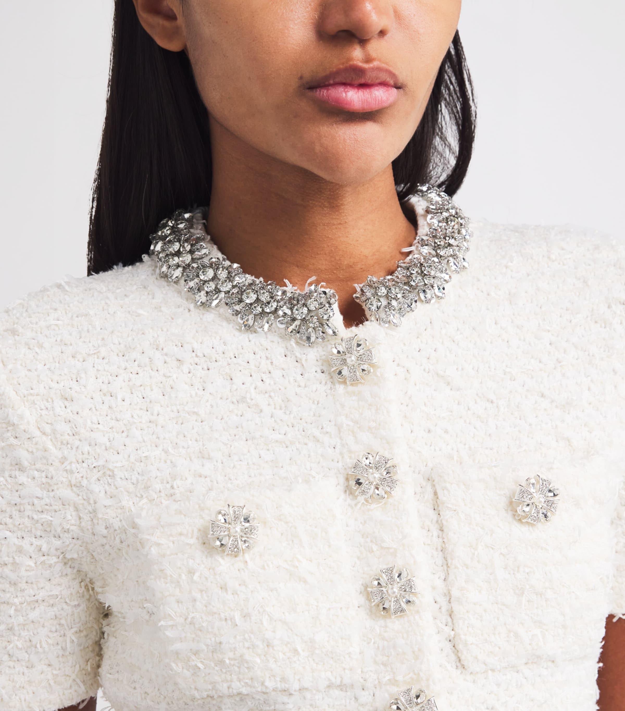 Self-Portrait Cream Bouclé Knit Mini Dress With Crystal Buttons in White