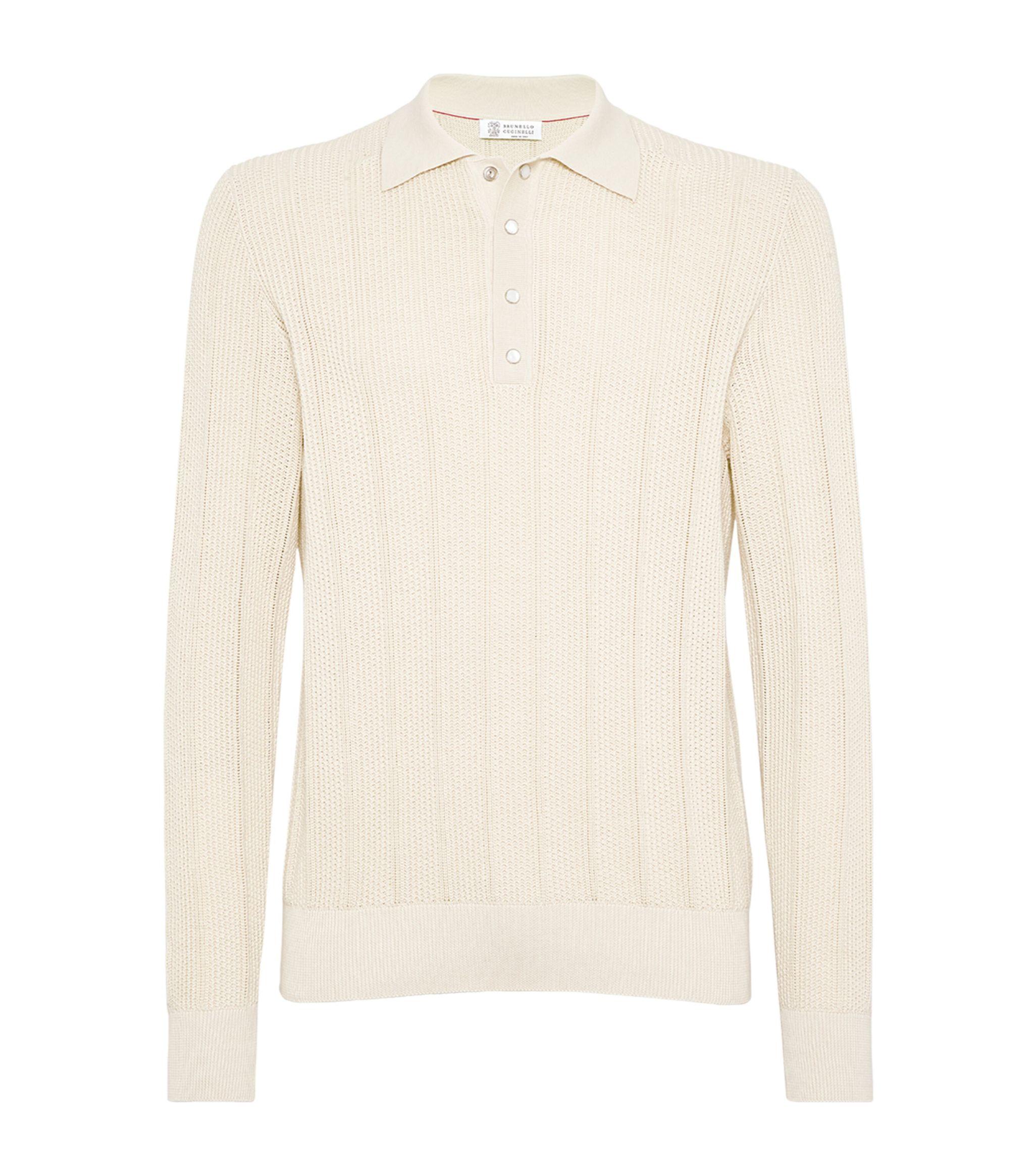 Brunello Cucinelli Ribbed Long sleeve Polo Shirt in White for Men