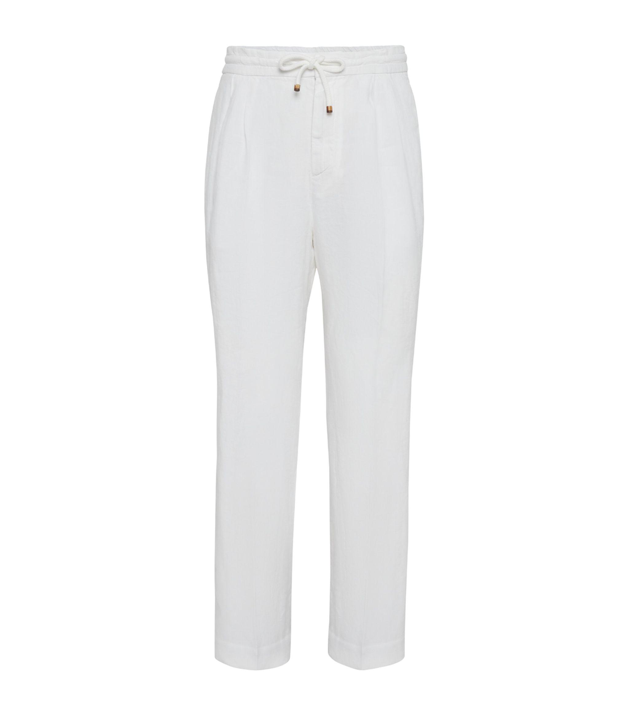 Buy White Linen Striped Drawstring Trousers Online | FableStreet
