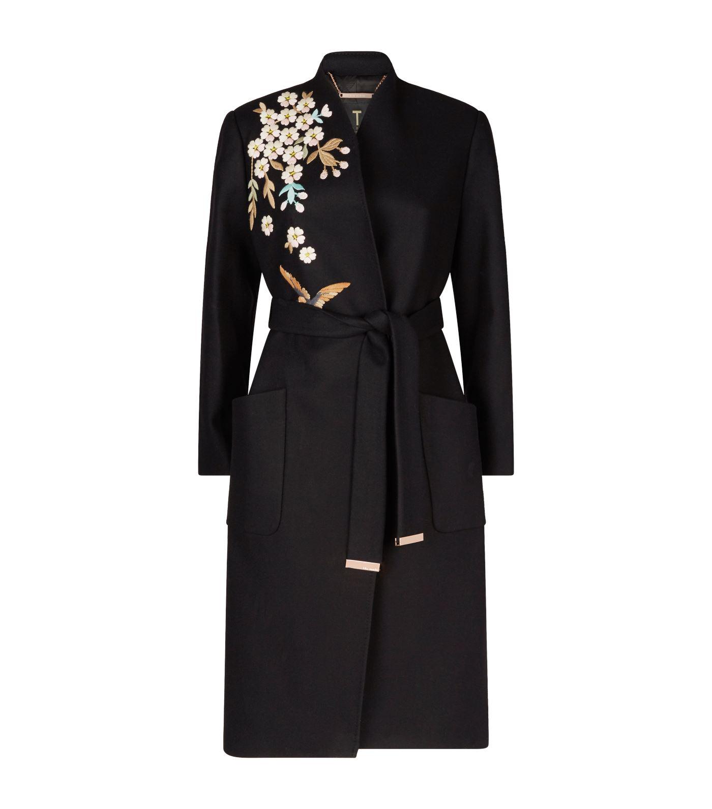 Ted Baker Graceful Embroidered Wool Coat in Black - Lyst