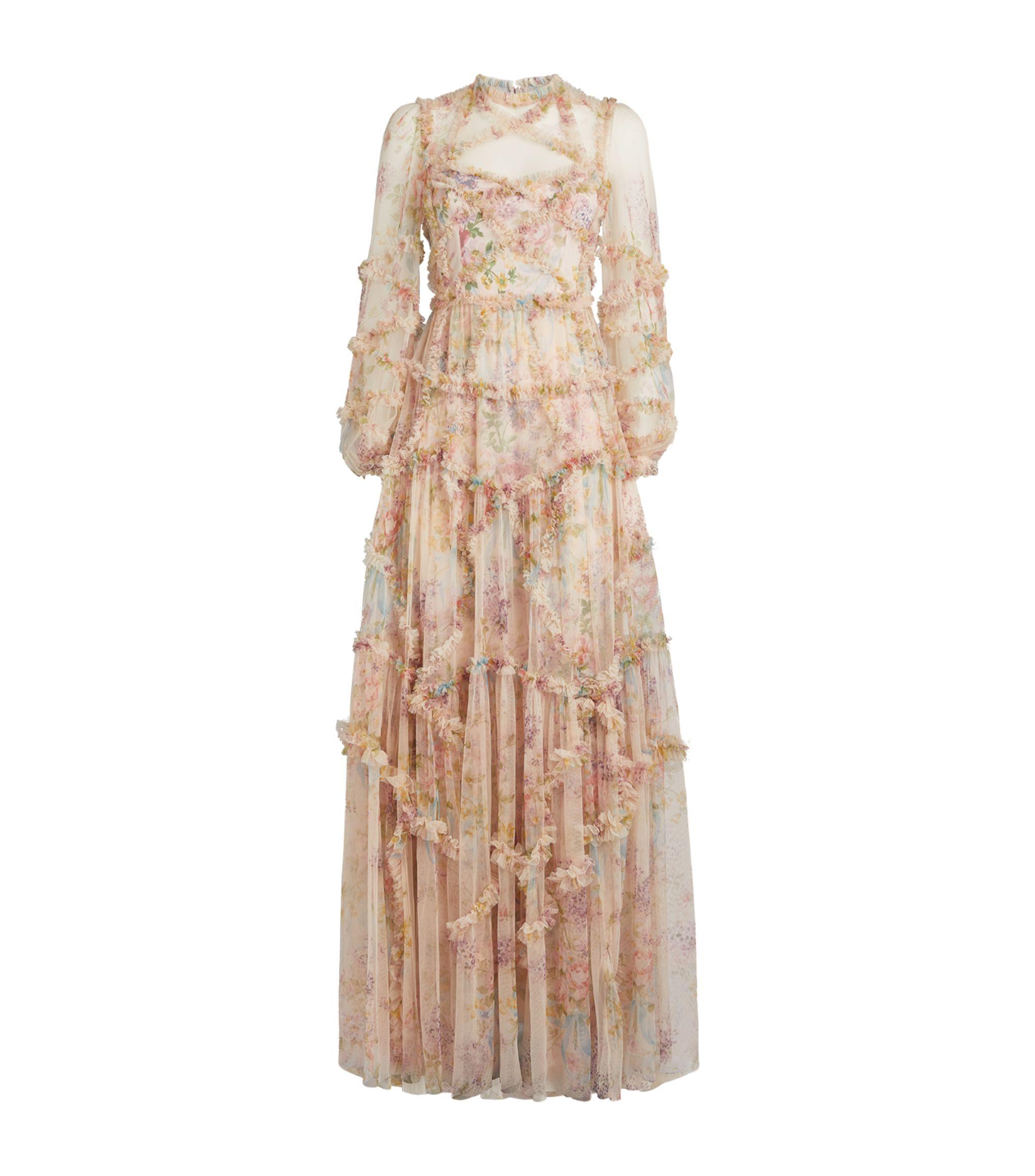 Needle & Thread Floral Diamond Ruffle Gown in Pink | Lyst