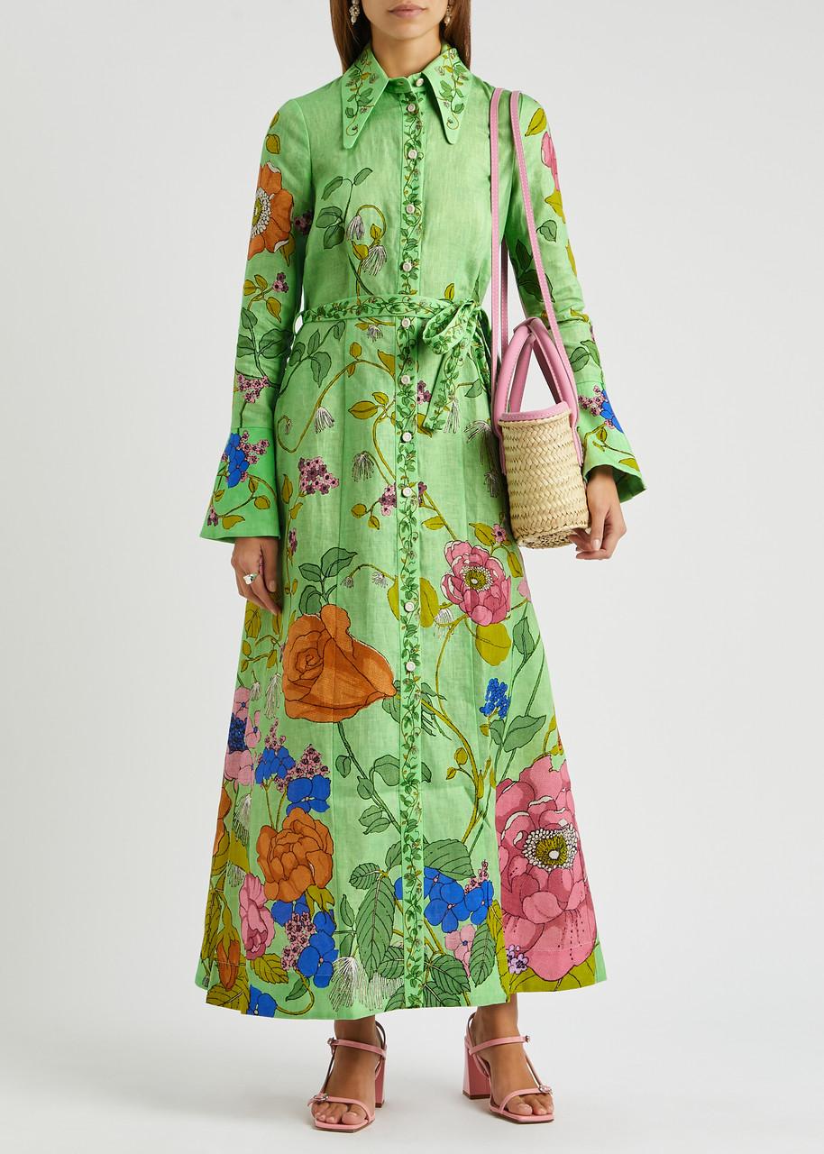 ALMAIS Olivia Floral-print Linen Maxi Shirt Dress in Green | Lyst