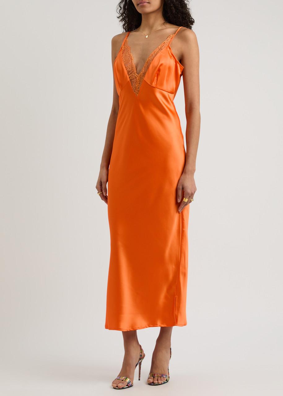 Never Fully Dressed Lily Lace-Trim Satin Midi Dress in Orange | Lyst