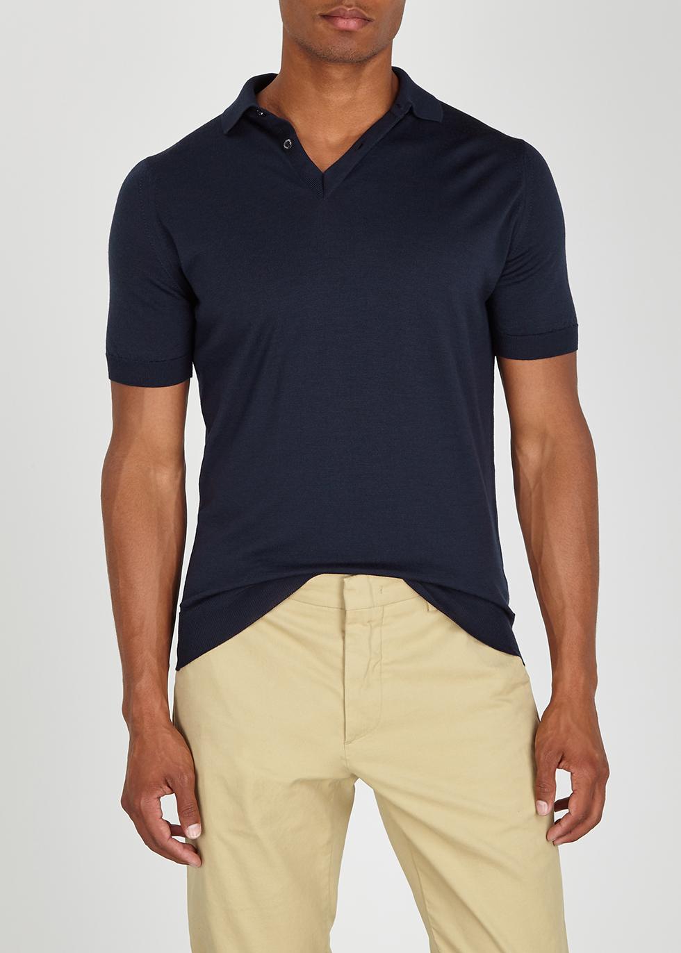 John Smedley Navy Fine-knit Wool Polo Shirt in Blue for Men - Lyst
