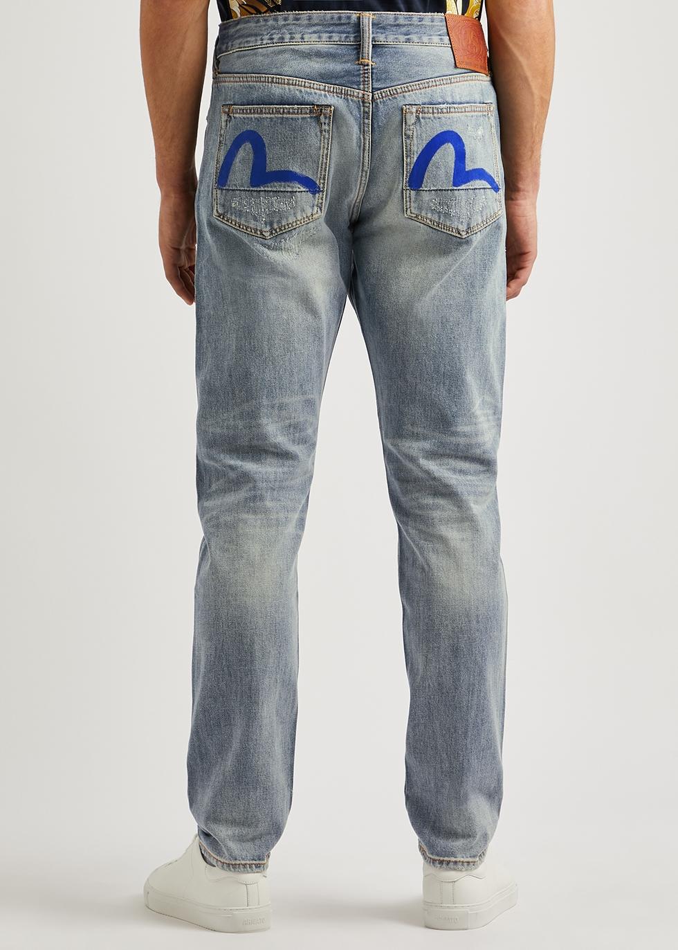 Evisu Distressed Slim-leg Jeans in Blue for Men | Lyst