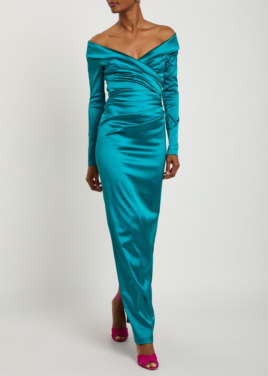 talbot runhof stretch satin dress Talbot Runhof Draped Satin Asymmetric Sheath Gown