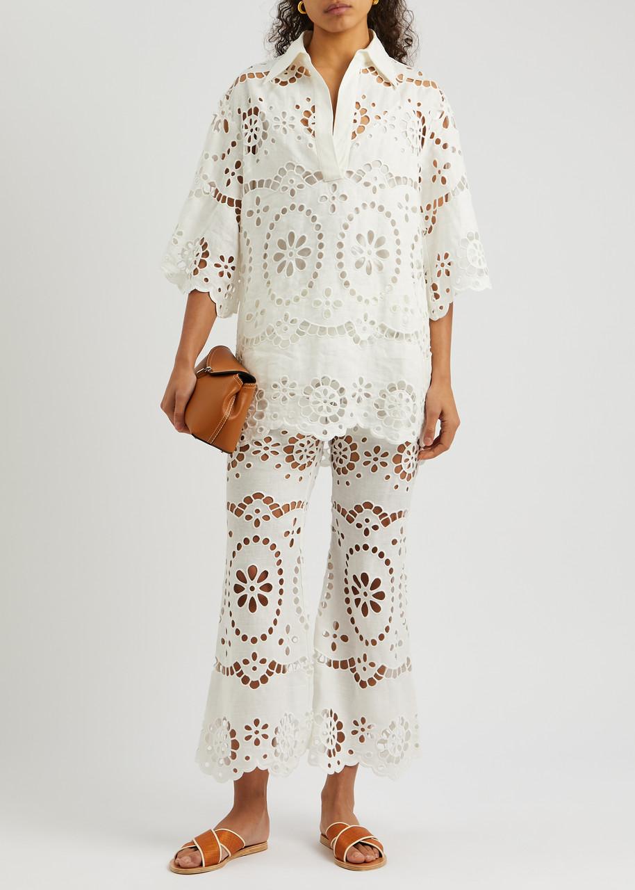 Zimmermann Lexi Embroidered Cut-out Linen Trousers in White for Men