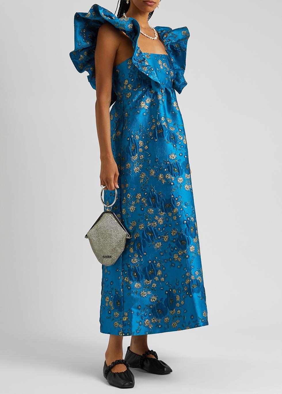 ganni blue floral dress WHITE PEARL EMBELLISHED BLUE DRESS main image 1