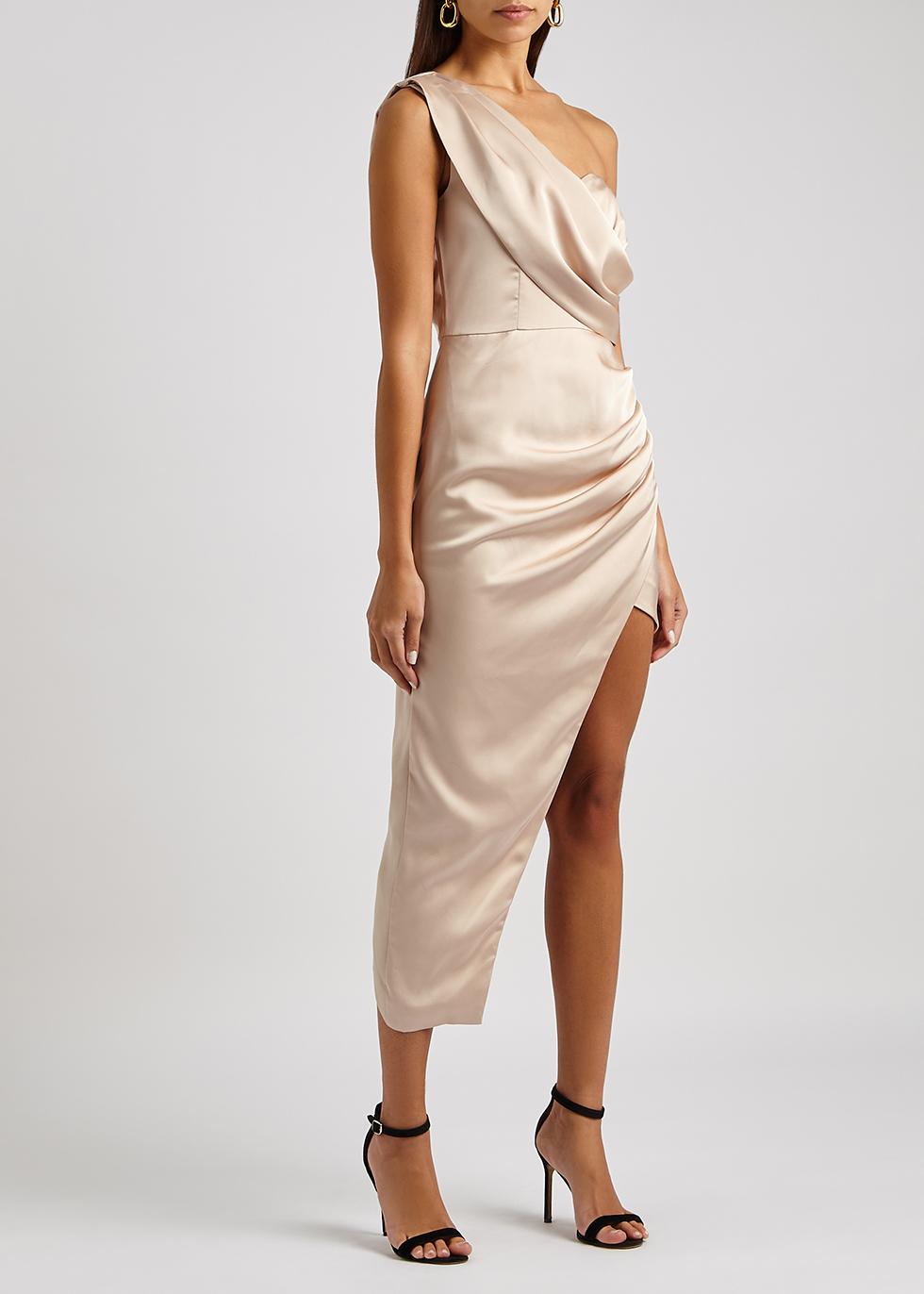 champagne satin midi dress