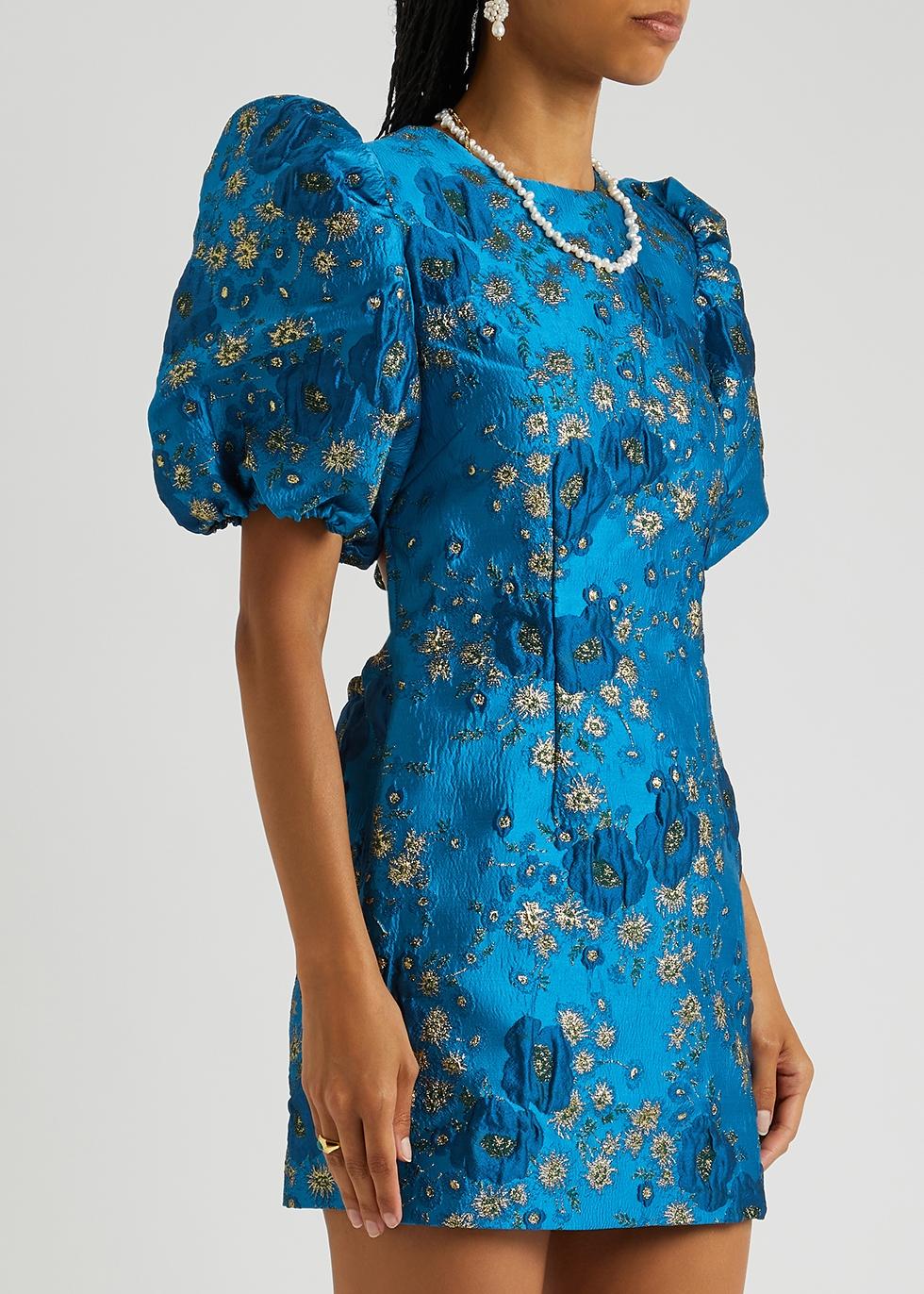 Ganni 3D Jacquard Floral-Print Midi Dress in Blue | Lyst