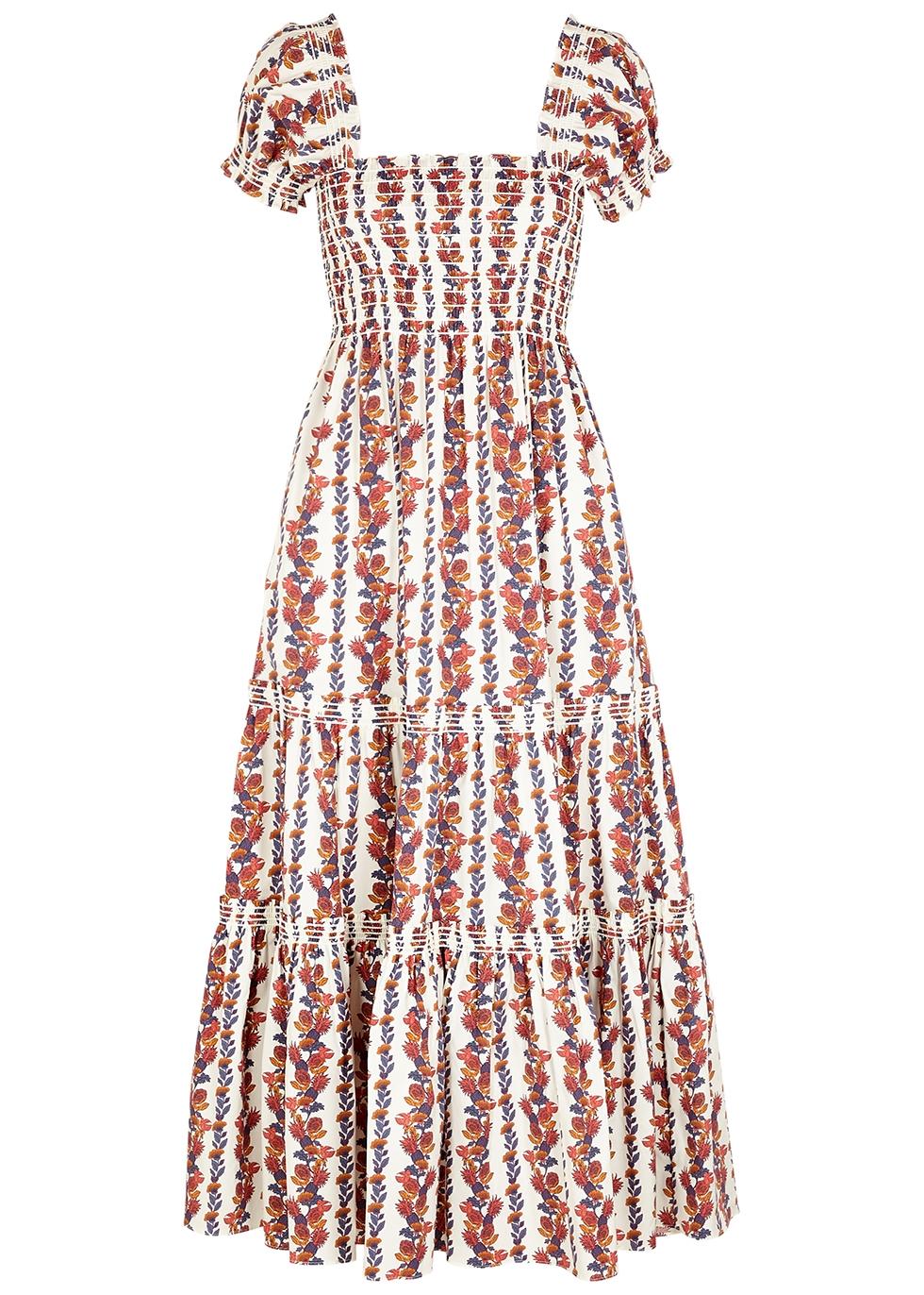 Tory Burch Printed Smocked Satin-twill Midi Dress | Lyst