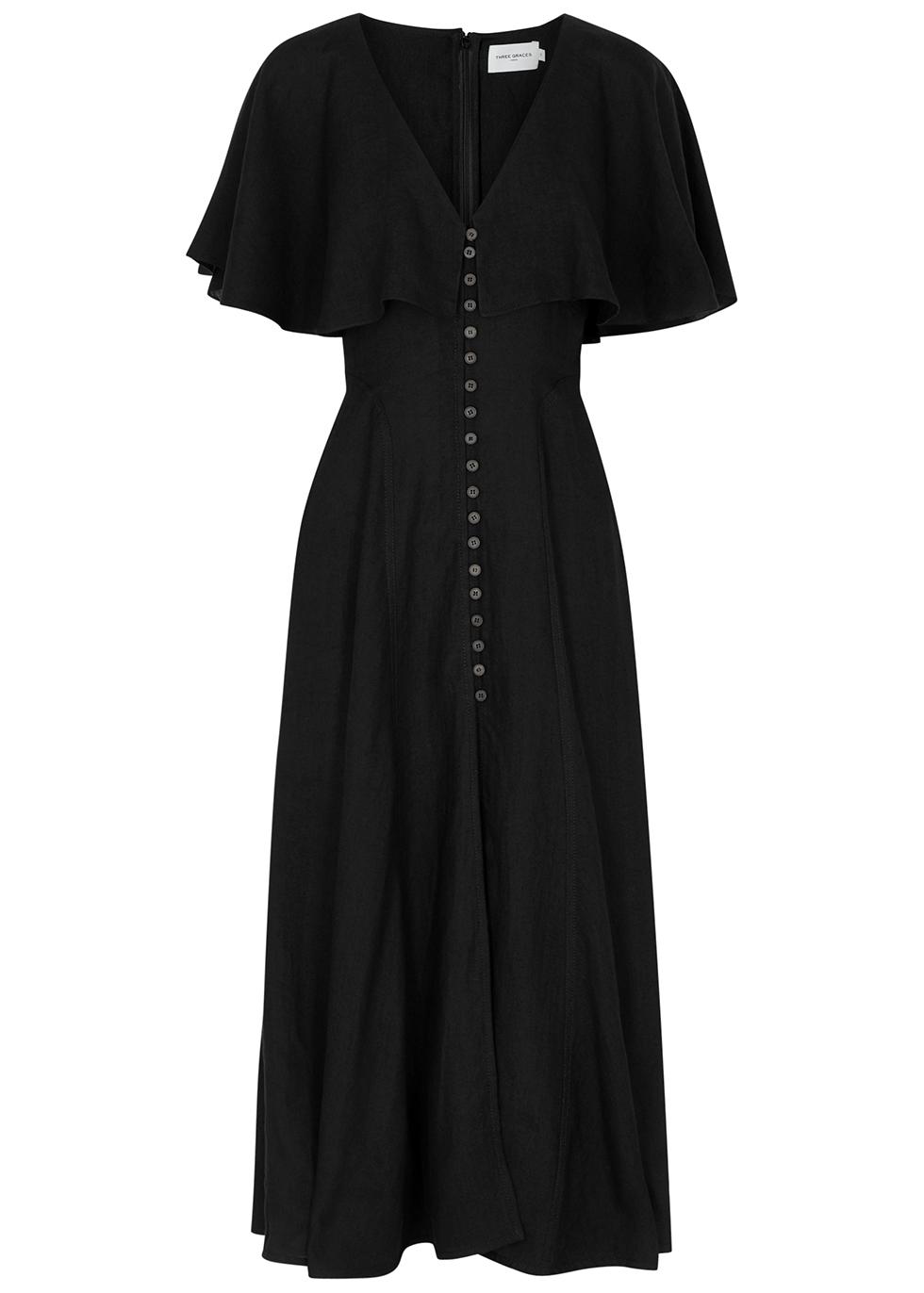 Three Graces London Delphine Cape-effect Linen Midi Dress in Black | Lyst
