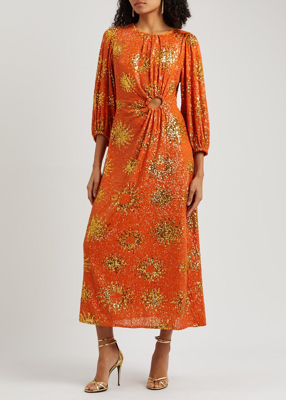 strapless open back dress Yellow & Orange Georgette Printed Party wear Long Dress – Mohi fashion