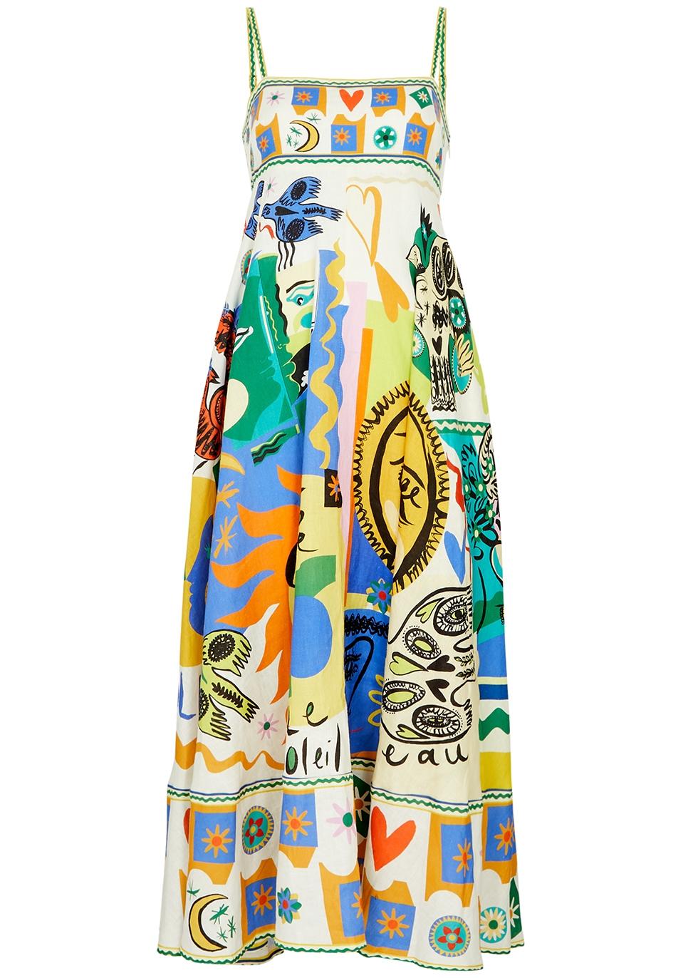 ALEMAIS ★ Lucky Pace Shirred Linen Midi Sun Dress ALÉMAIS Lucky Pace printed shirred linen dress | NET-A-PORTER