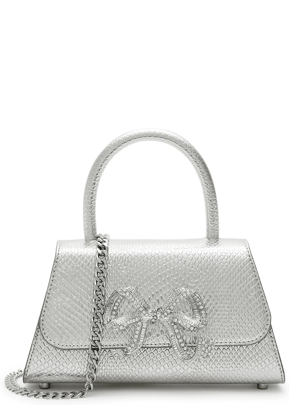 Self-portrait Bow Mini Python-effect Leather Top Handle Bag In Neutral