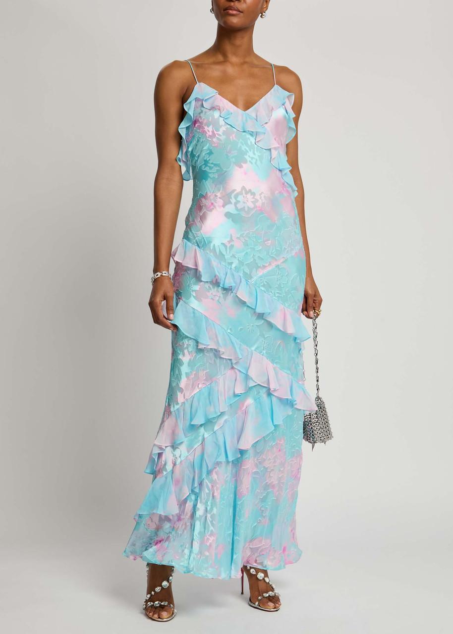 LoveShackFancy Rialto Floral Satin-Devor Maxi Dress in Blue | Lyst LoveShackFancy Rialto Floral Satin-Devor Maxi Dress in Blue | Lyst