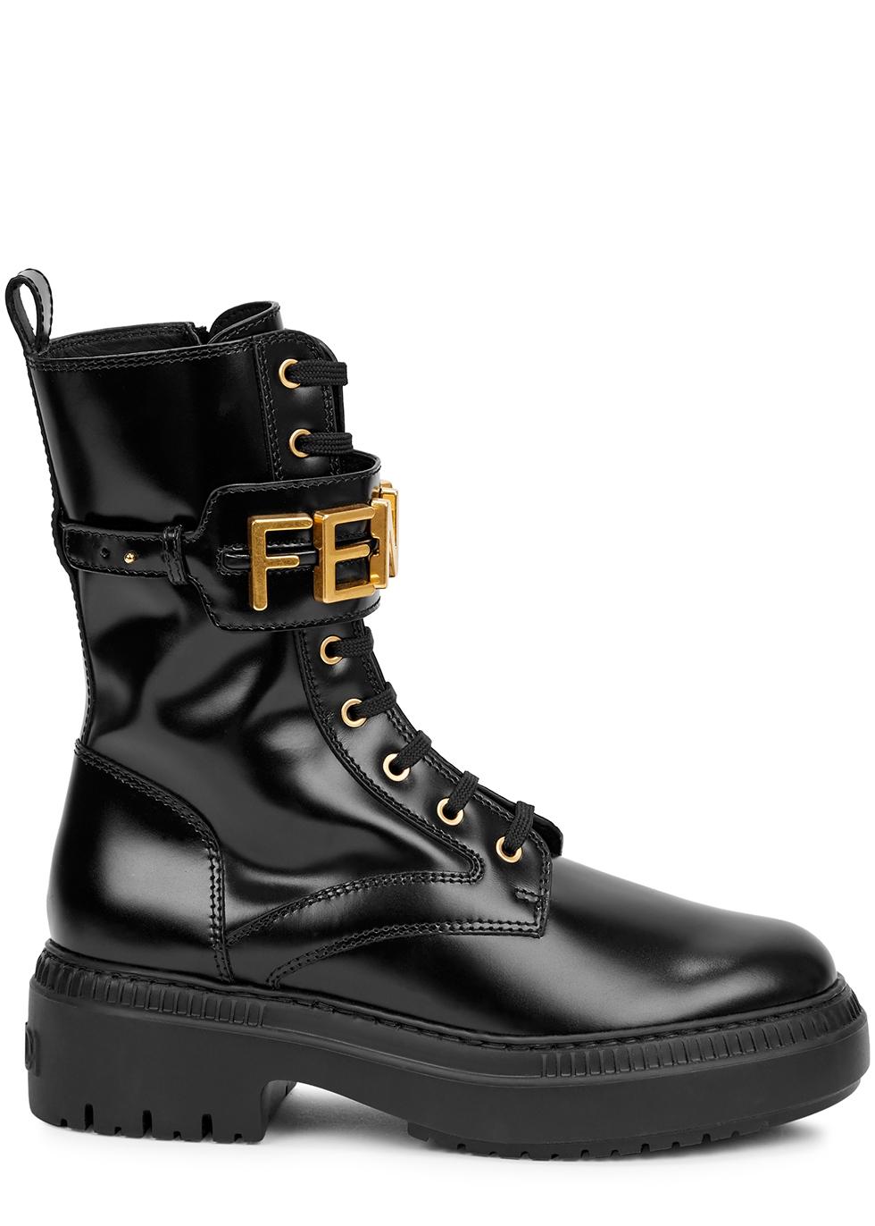 Fendi Graphy Logo Leather Combat Boots in Black | Lyst UK